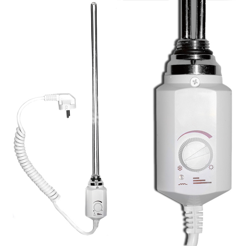 Elektrischer Handtuchwärmer. Weiß und chromfarben. Mit Stecker und Drehknopf.