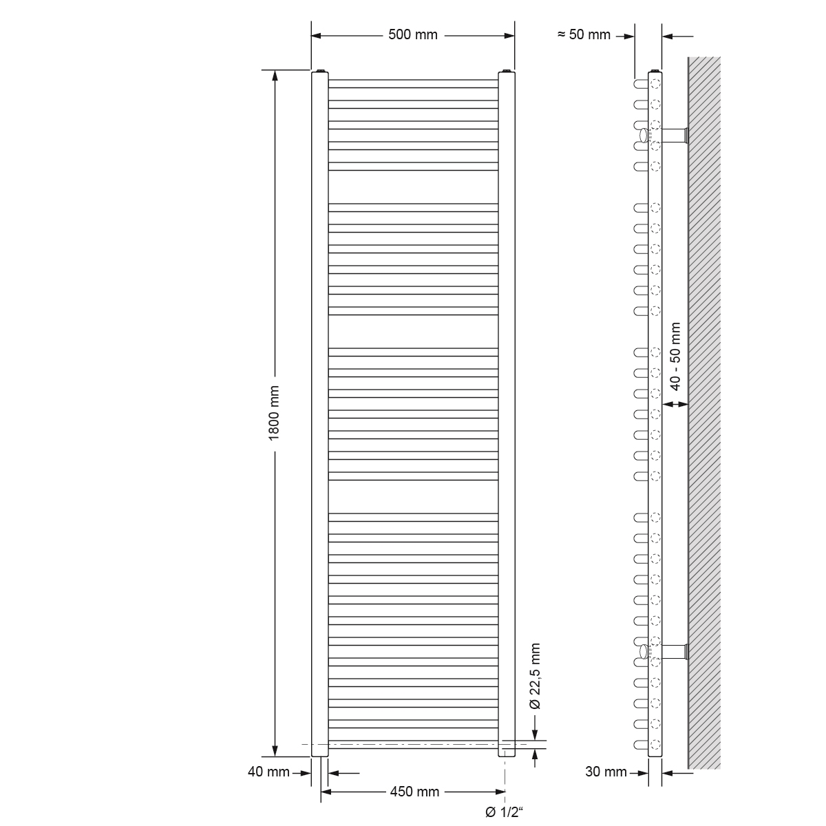 Diagramm eines Handtuchhalters mit Abmessungen. Seiten- und Vorderansicht.