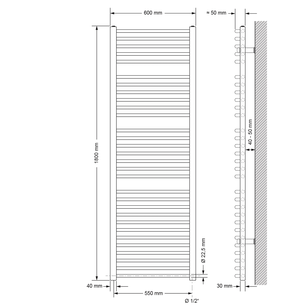 Diagramm eines Handtuchwärmers mit Abmessungen und Messungen, vor einer Wand.