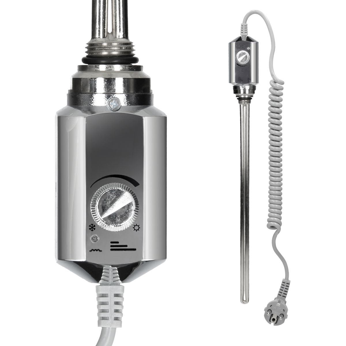Metallisch silberne elektrische Heizung mit Drehknopf und separater Temperaturregelung mit Kabel.