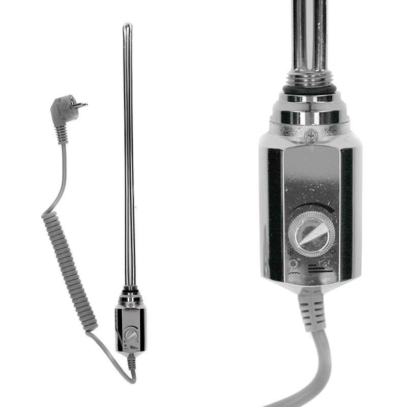 Elektrischer Handtuchwärmer mit Stecker und Drehregler. Weißer Hintergrund.