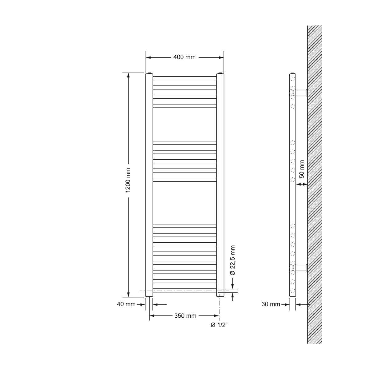 Diagramm eines Handtuchheizkörpers aus Chrom mit Abmessungen, Seiten- und Vorderansicht.