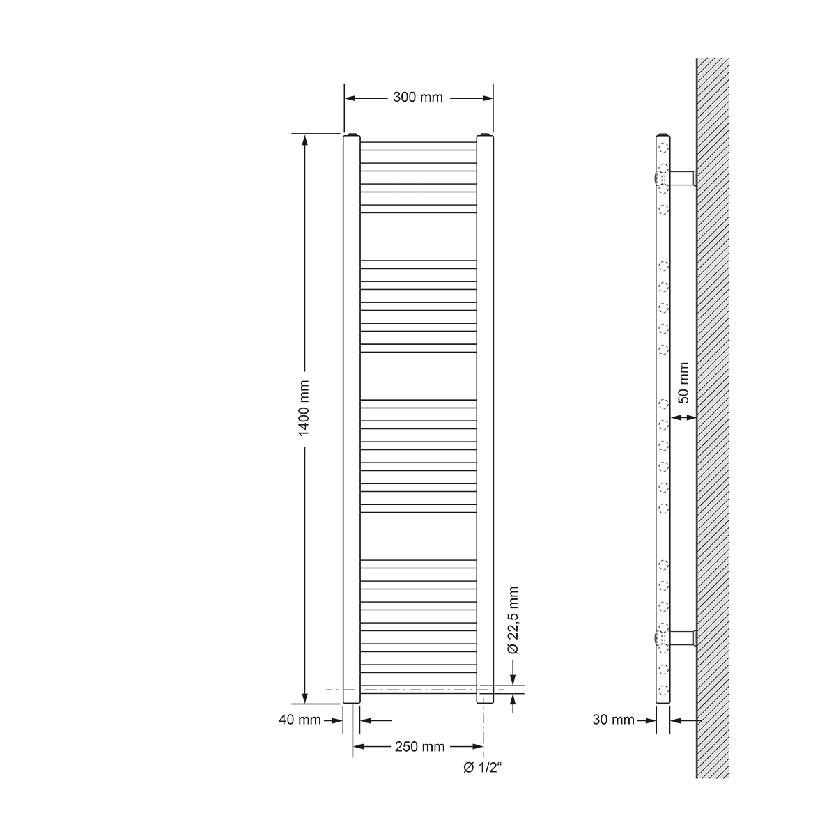 Diagramm eines Handtuchheizkörpers mit Abmessungen. Der Heizkörper ist an einer Wand montiert.