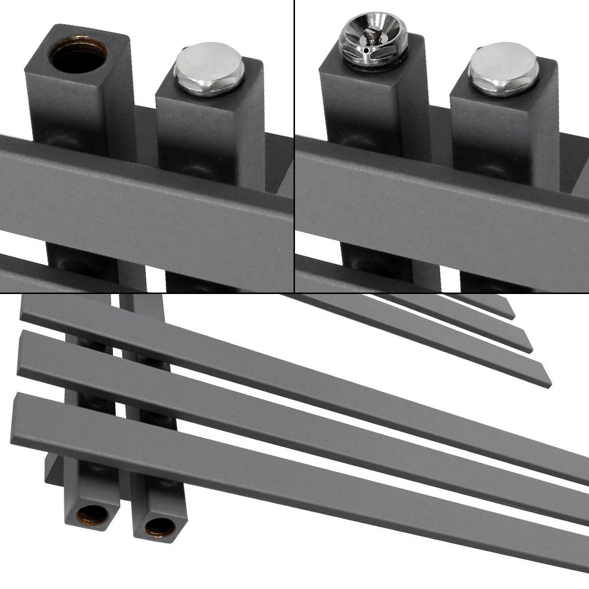 Nahaufnahme eines grauen, metallischen Heizelements mit Stäben und Schrauben. Detailaufnahmen von Anschlüssen und Komponenten.