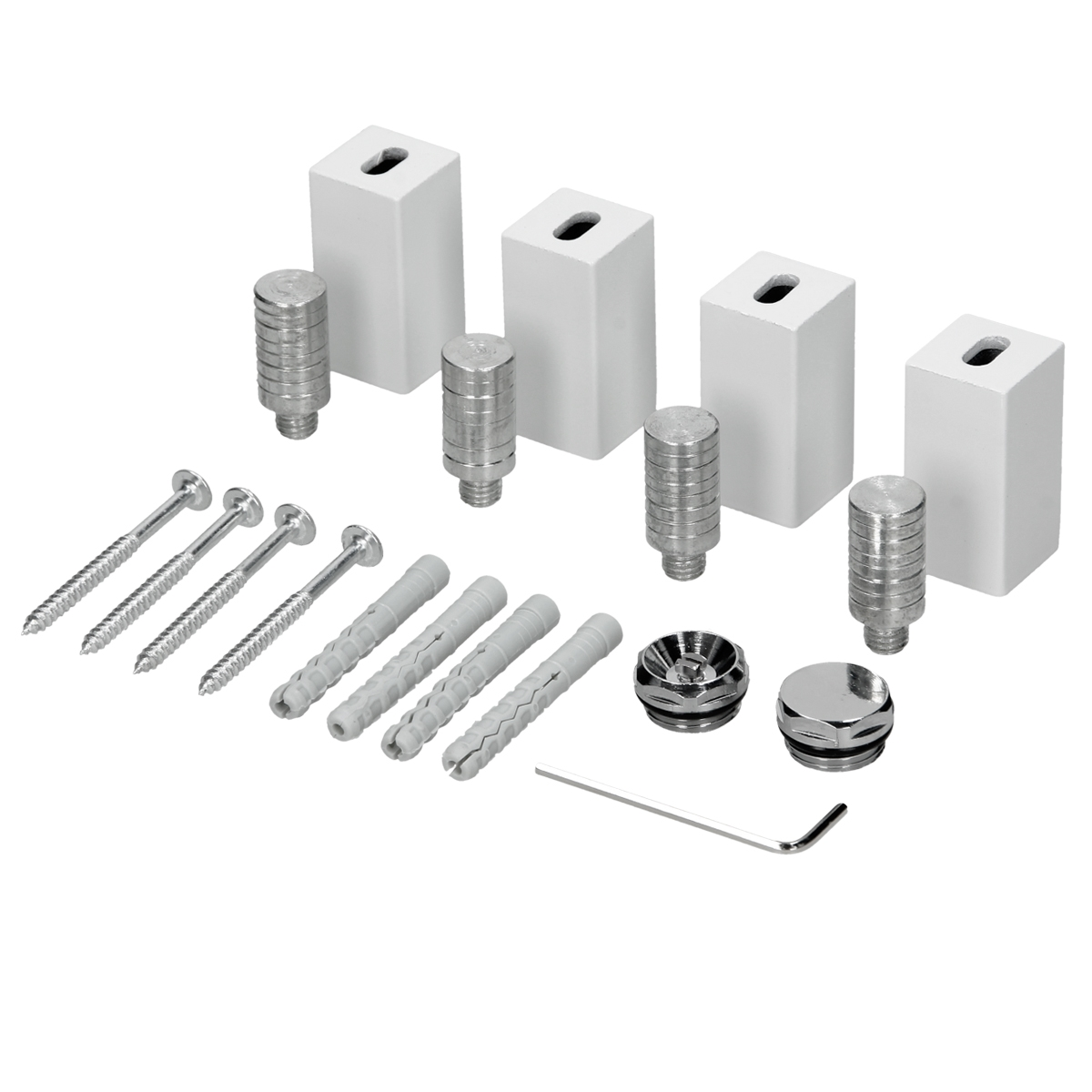 Hardware-Komponenten, darunter Schrauben, Anker und Metallzylinder auf weißem Hintergrund.