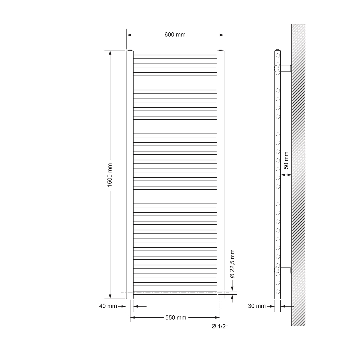 Ein Diagramm eines Handtuchwärmers, das Abmessungen und Installationsdetails mit Messungen in mm zeigt.