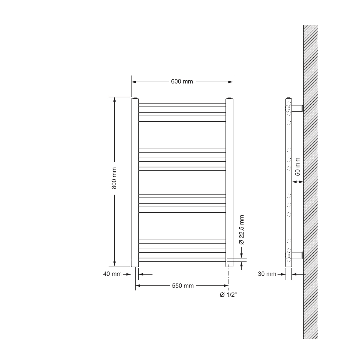 Diagramm eines Handtuchwärmers mit Abmessungen und Wandmontagedetails.