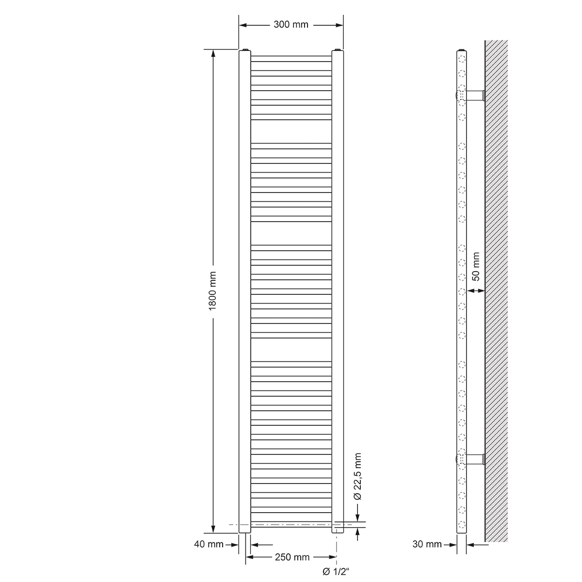 Diagramm eines Handtuchwärmers. Zeigt Abmessungen und Seitenansicht an der Wand.