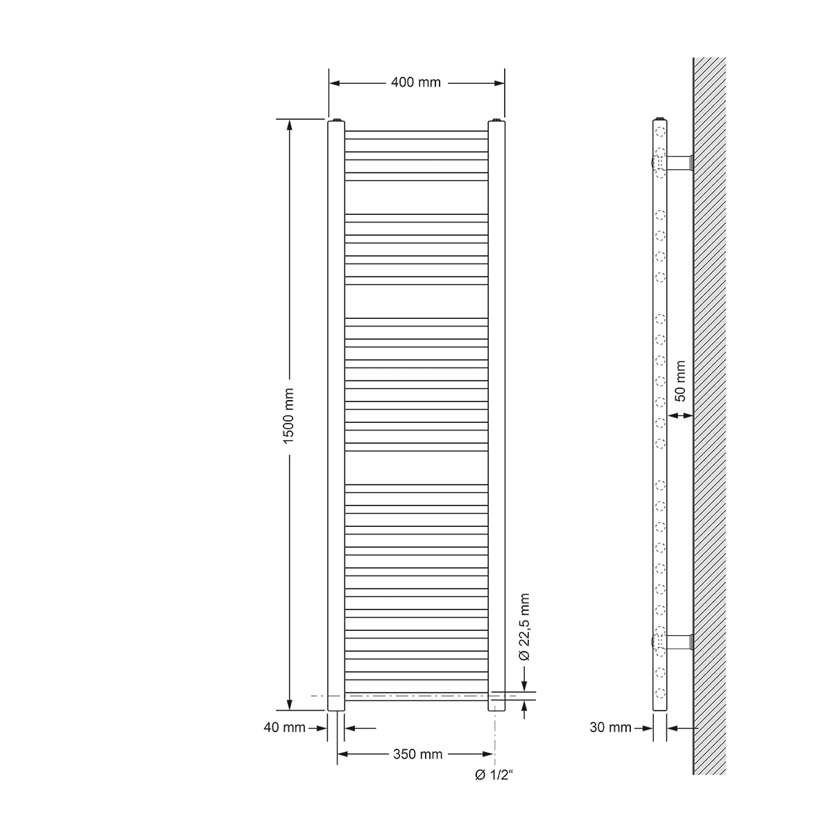 Eine schematische Darstellung eines vertikalen Heizkörpers mit Maßen. Er ist an einer Wand montiert.