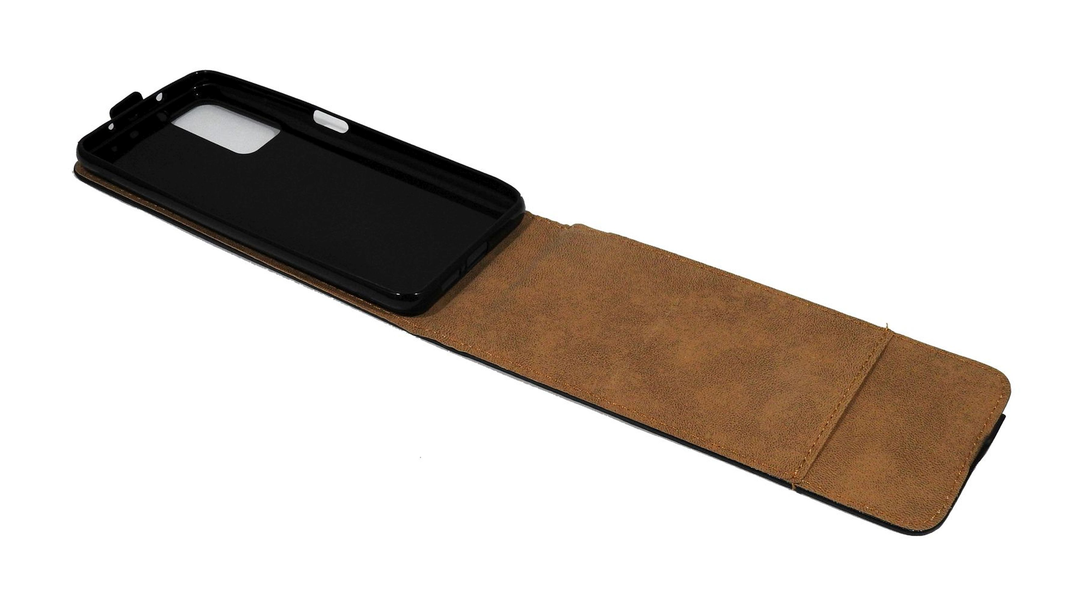 Eine Handyhülle mit schwarzem Rahmen und brauner lederartiger Außenseite. Das Telefon ist drin.