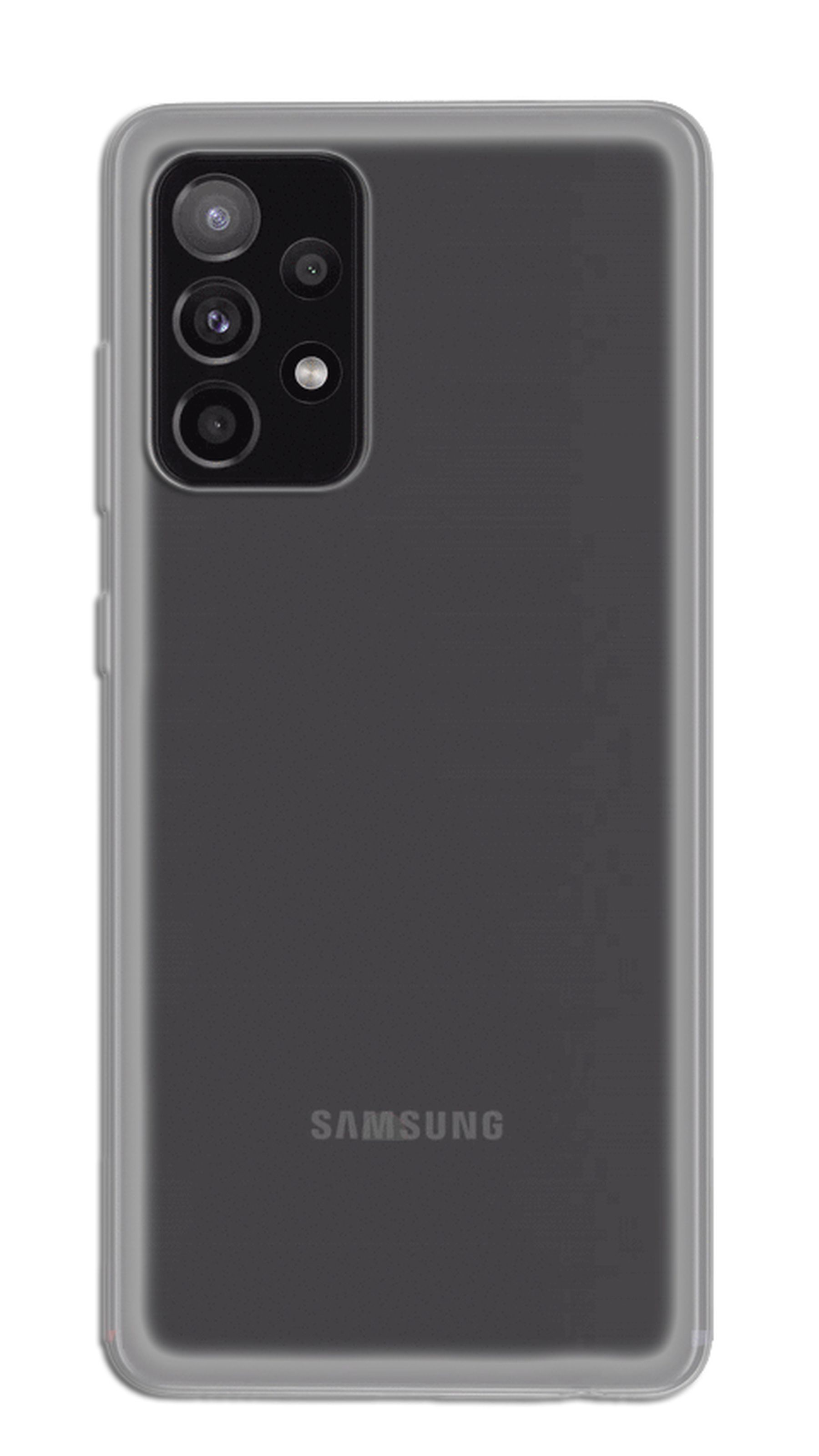Rückseite eines schwarzen Telefons in transparentem Gehäuse, Samsung-Logo sichtbar.