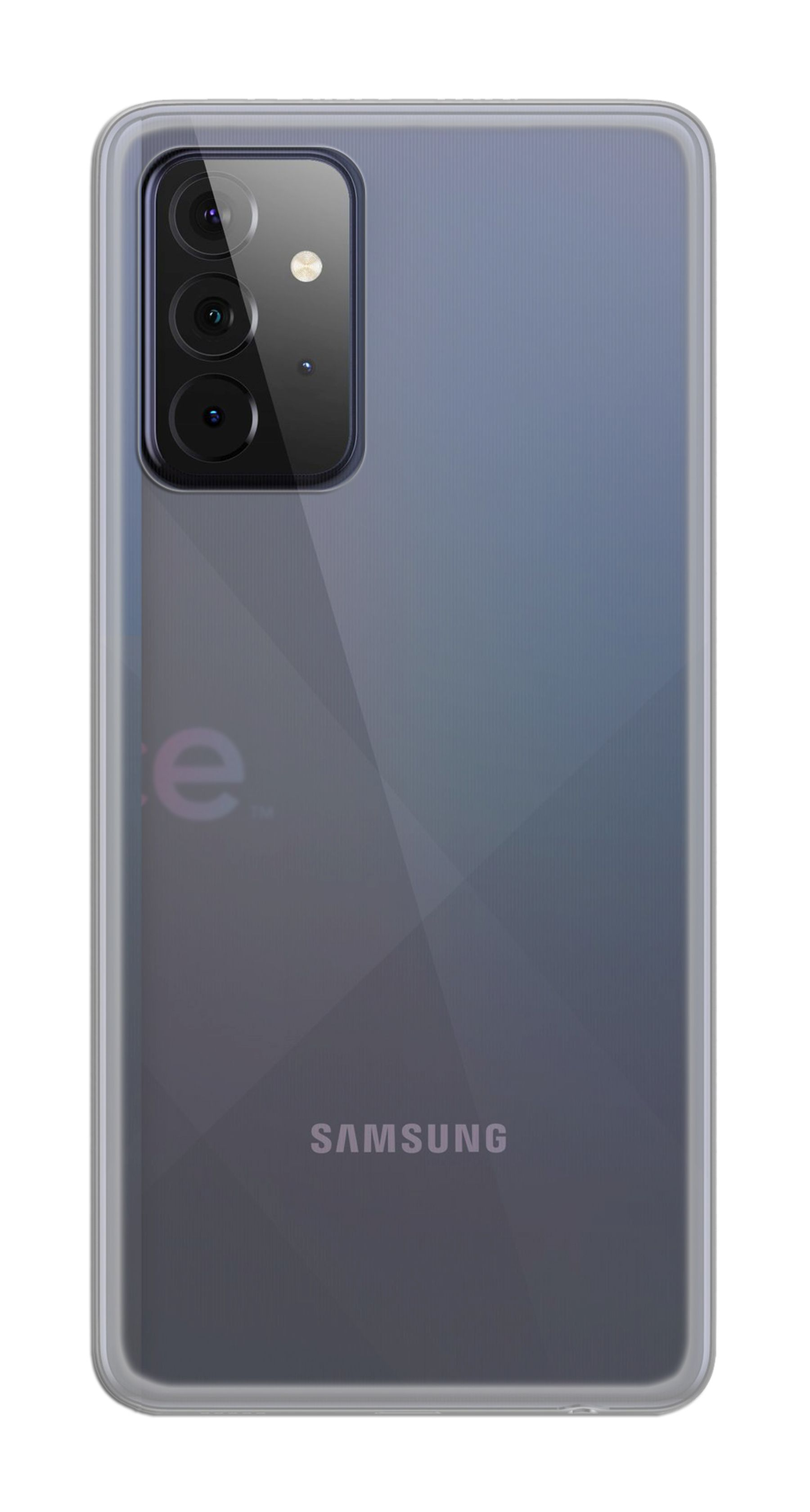 Rückseite eines Samsung-Telefons in einer durchsichtigen Hülle. Das Telefon ist grau mit Multikamera.