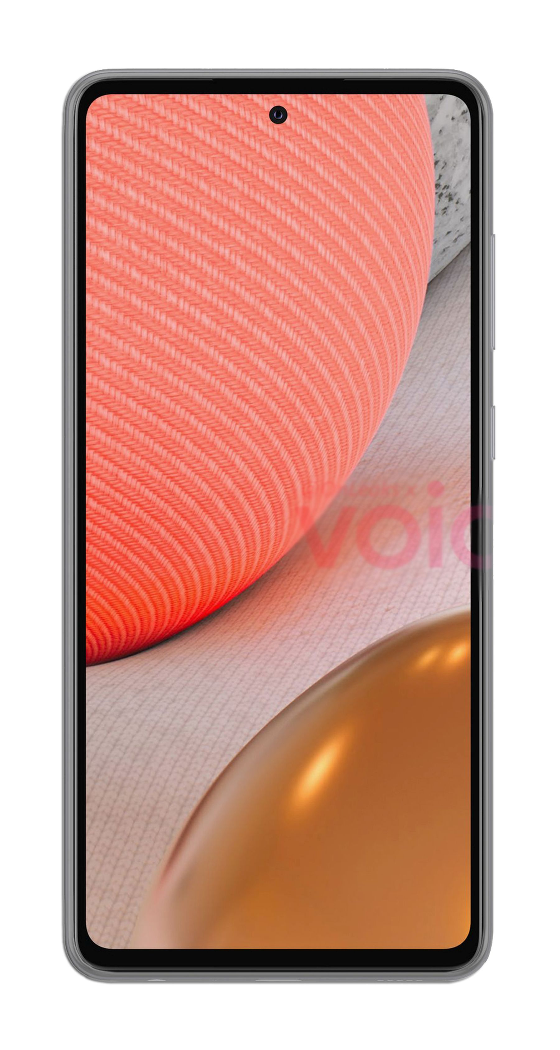 Ein Telefon mit einem Bildschirm, der ein orangefarbenes und rotes Design anzeigt. Das Telefon ist in einem Gehäuse und hat einen weißen Hintergrund.