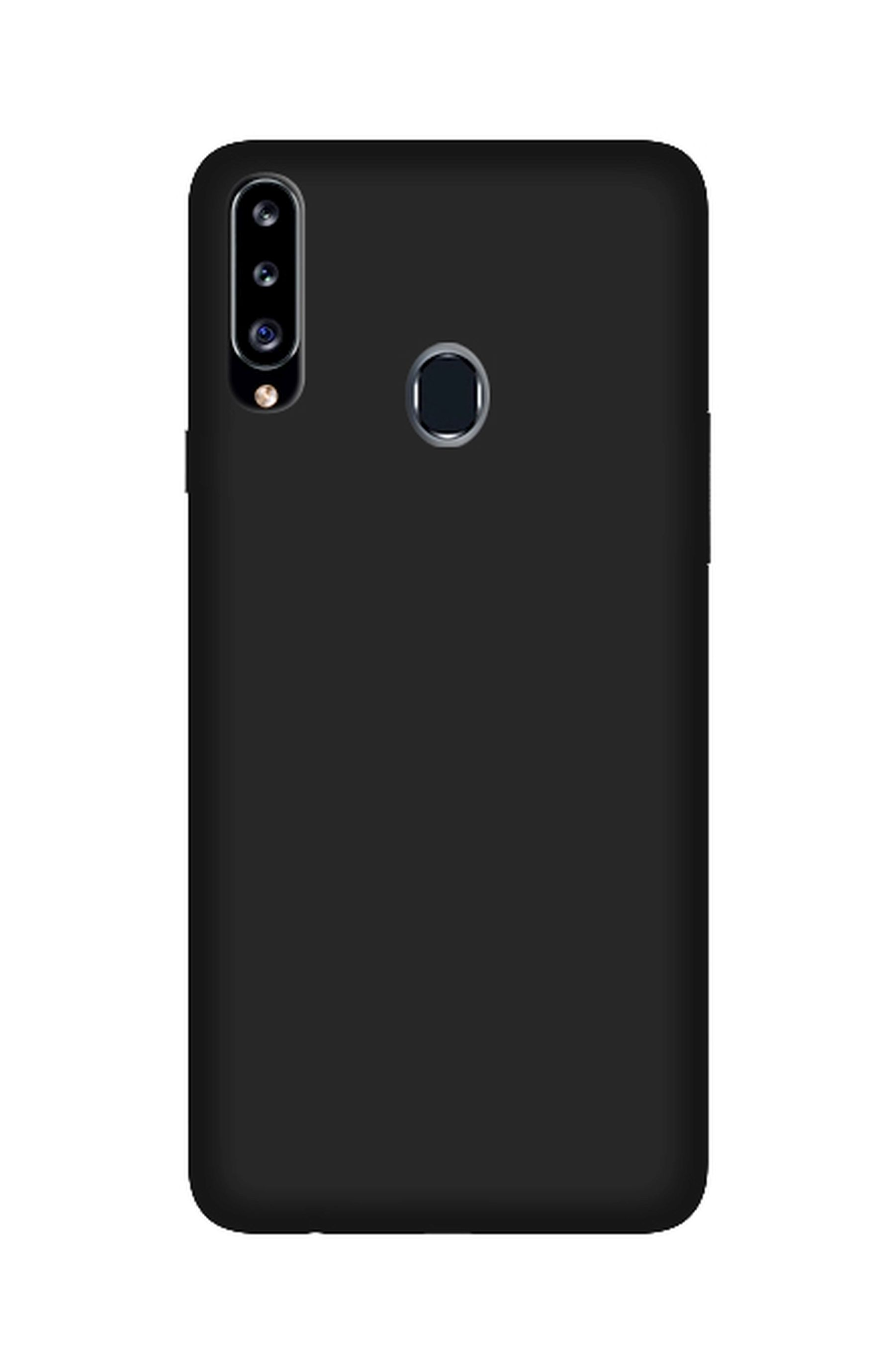Schwarze Telefonrückseite mit Kamera, Fingerabdrucksensor und minimalistischem Design.