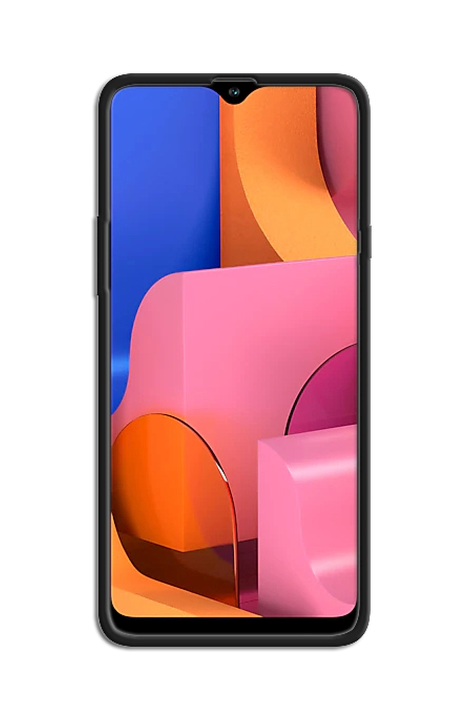 Schwarzes Smartphone mit pink-orangenem, abstrakten Design auf dem Bildschirm.