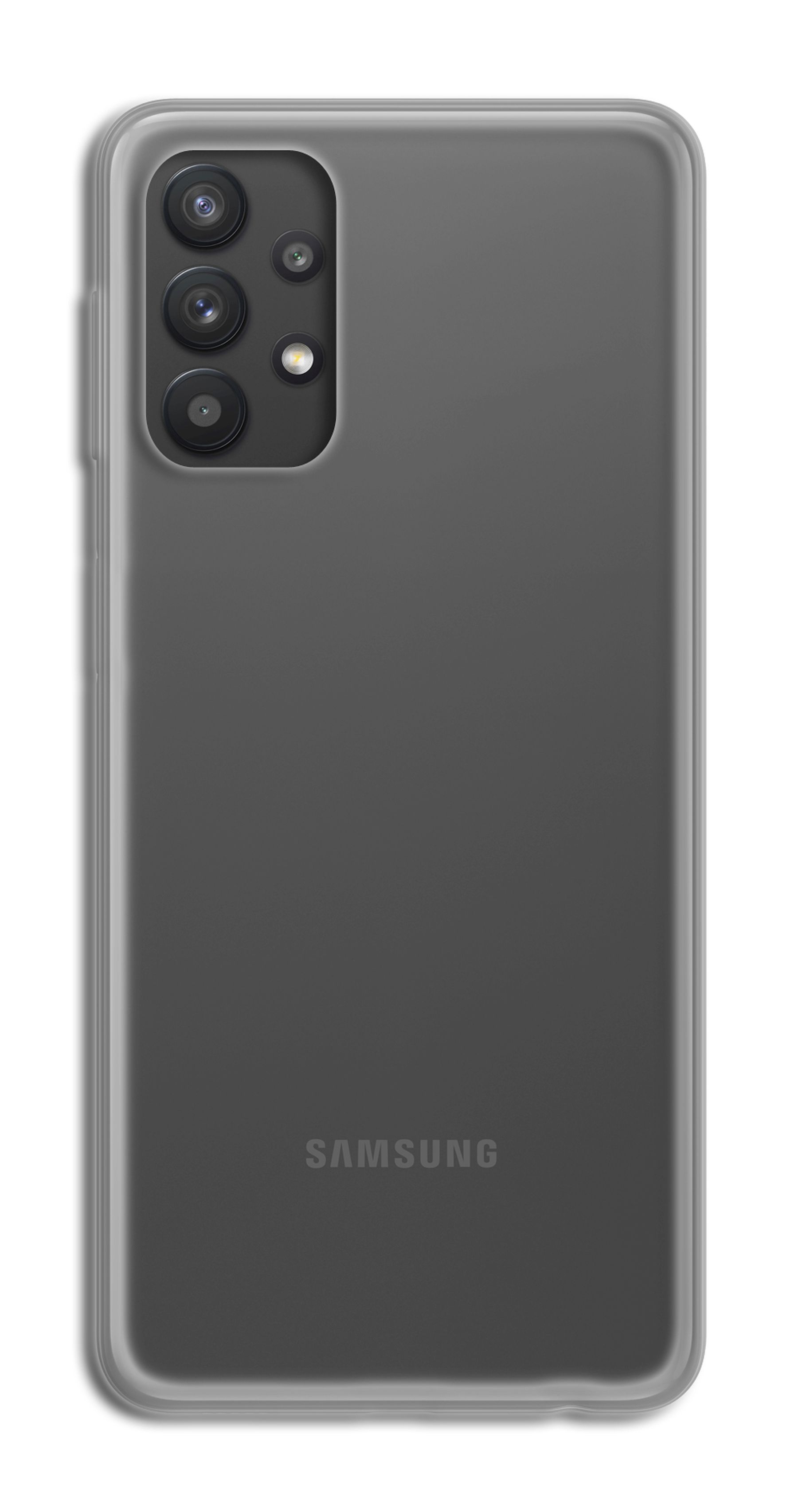 Eine transparente Handyhülle auf einem grauen Samsung-Telefon mit drei Kameralinsen.