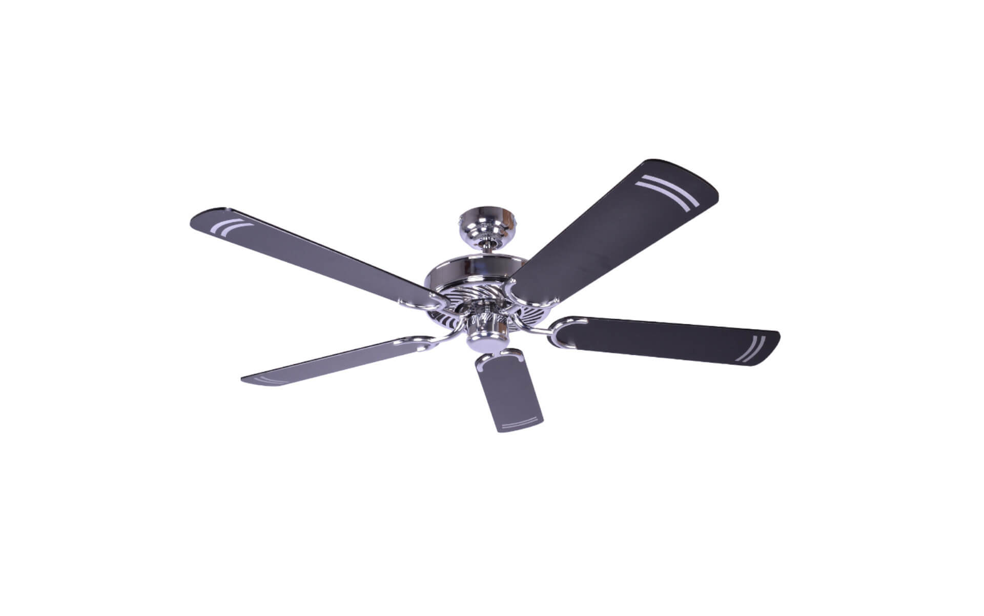 Deckenventilator mit fünf schwarzen Flügeln und einer silbernen zentralen Nabe. Die Flügel haben silberne Akzente.
