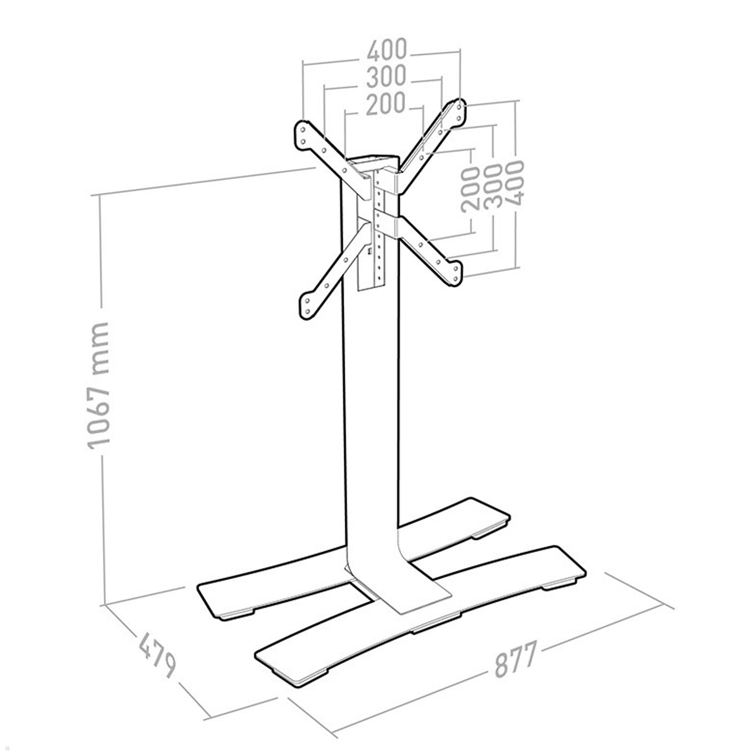Diagramm eines Tischfußes mit Abmessungen in Millimetern. Weißer Hintergrund.