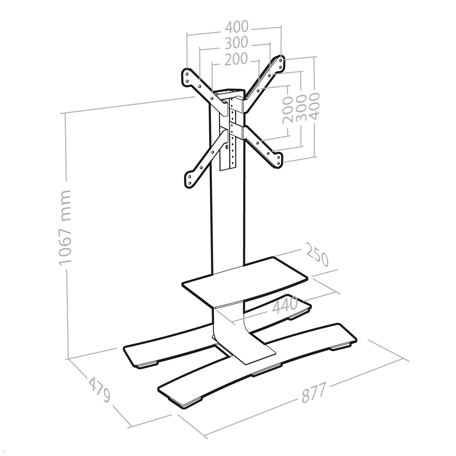 Diagramm eines TV-Ständers mit Maßen und Abmessungen.