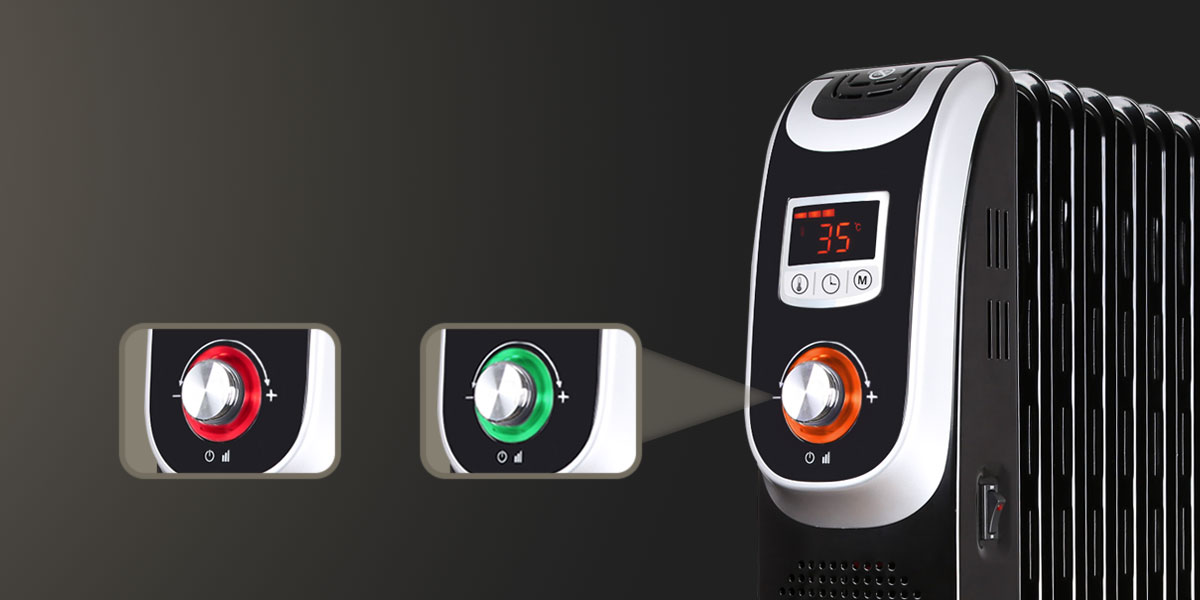 Un termosifone a olio con comandi e display digitale, su sfondo scuro.