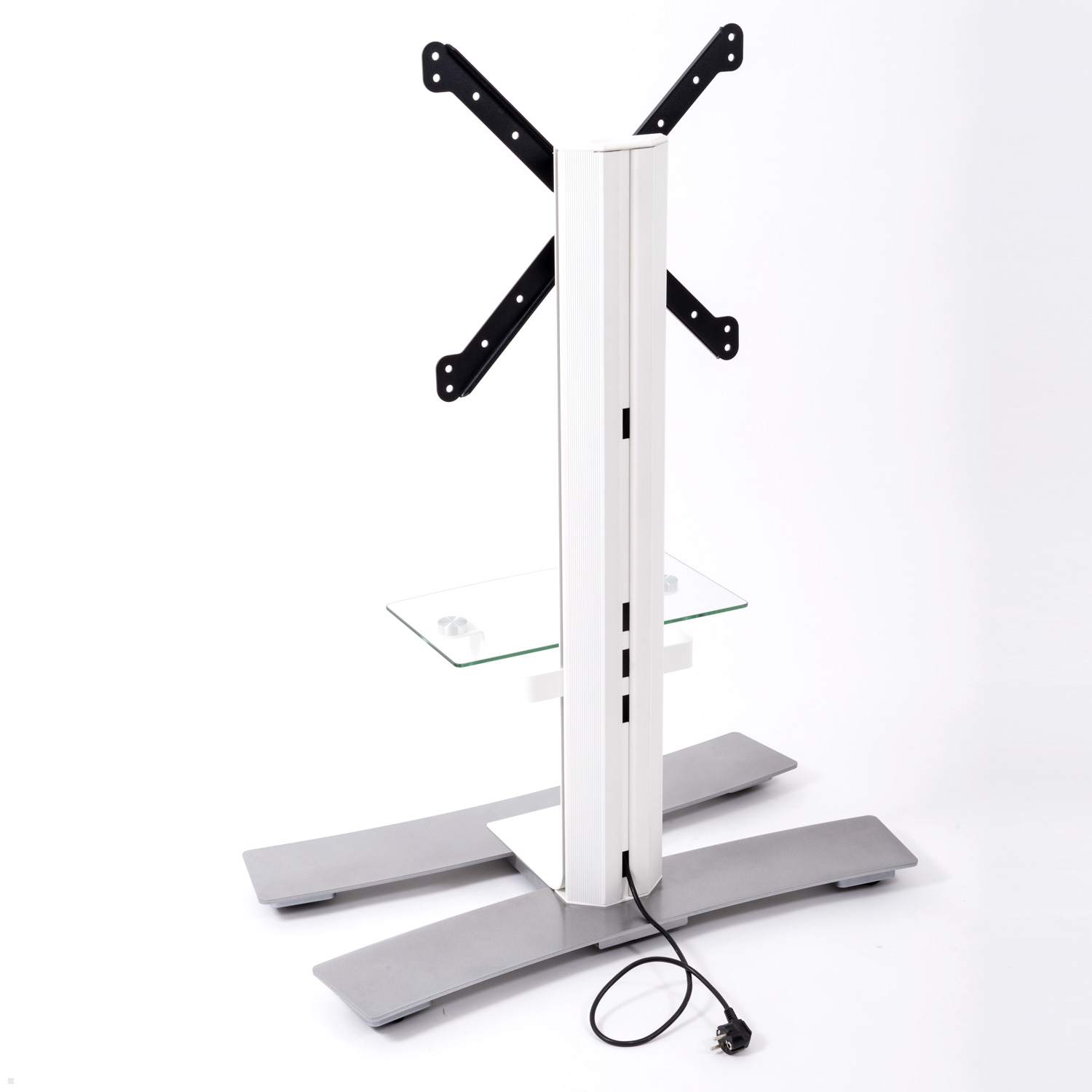 Weiß-grauer TV-Ständer mit Glasregal, mit schwarzem Kabel.