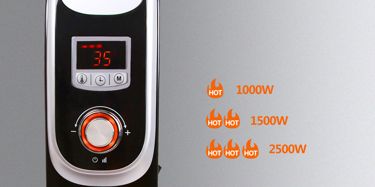 Pannello di controllo del riscaldatore nero con display digitale che mostra 35. Tre impostazioni di calore con wattaggio.