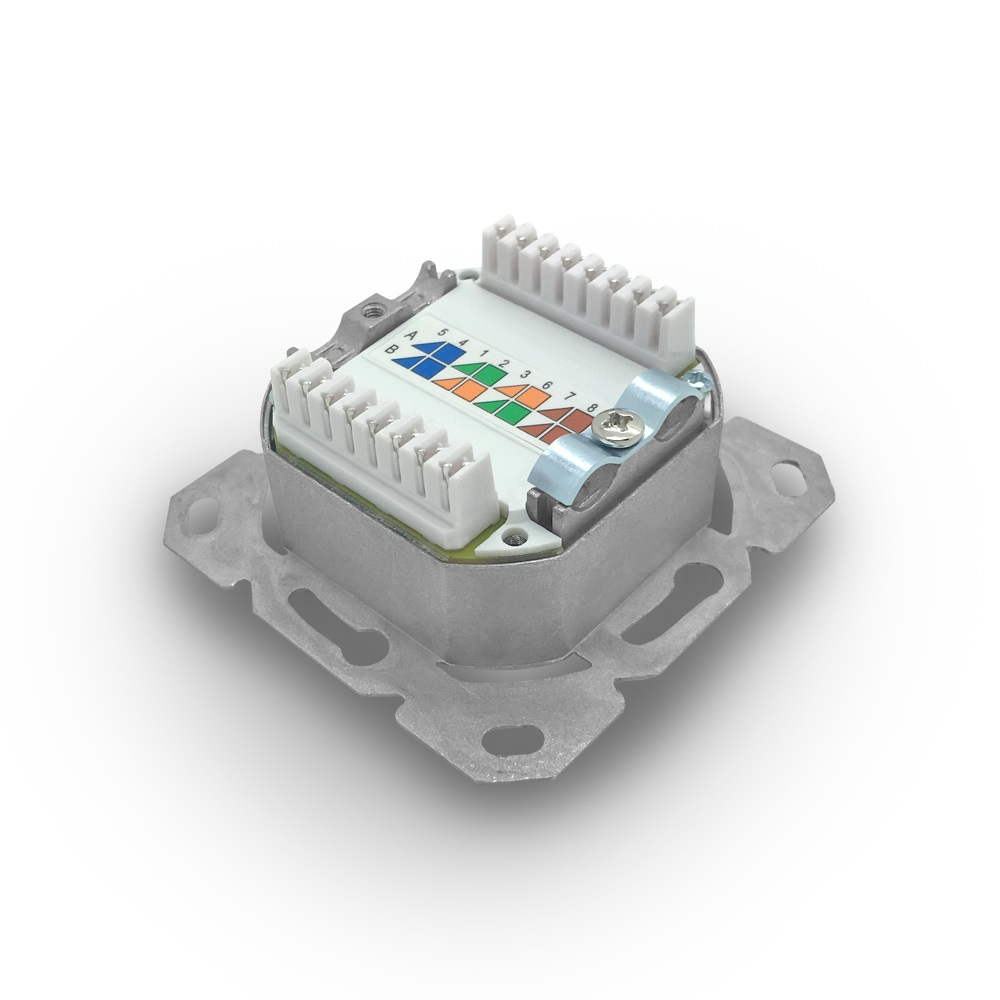 Ein weißer und farbiger Anschlussblock auf silberfarbener Metallbasis.