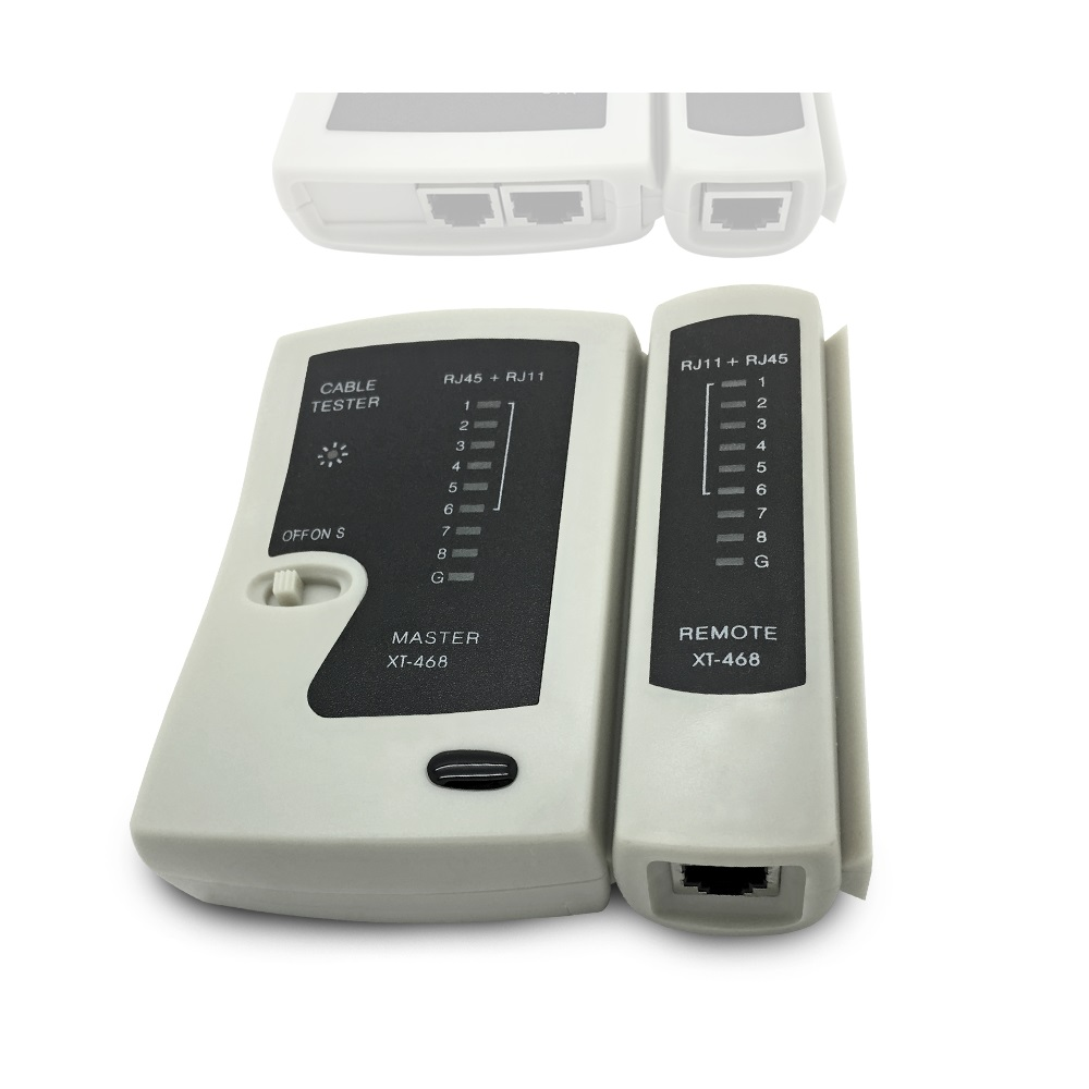 Kabeltester mit RJ45- und RJ11-Anschlüssen. Weiß und grau, mit Lichtern.