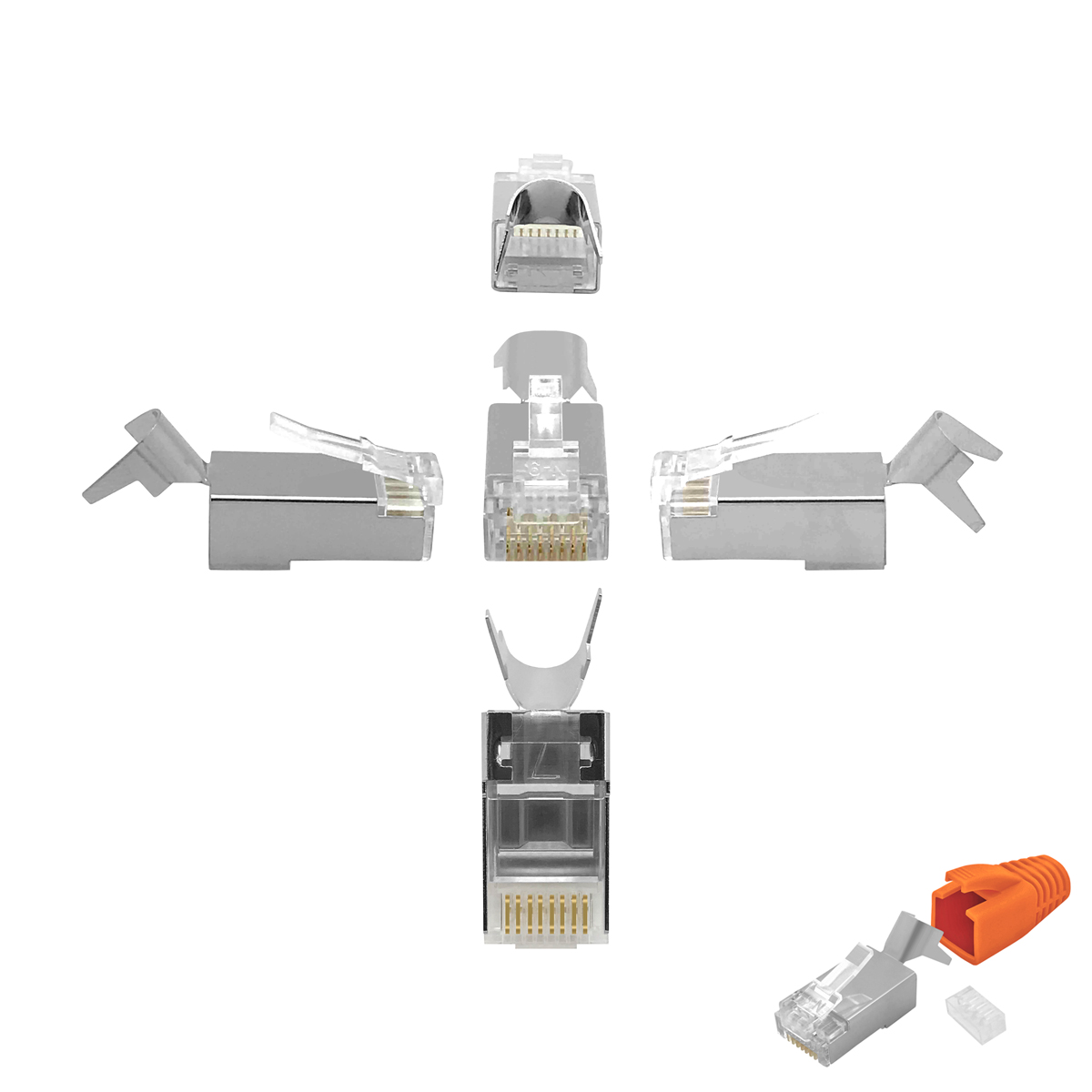 RJ45-Steckverbinder zerlegt. Gezeigt werden das Gehäuse, der Clip und der orangefarbene Boot.