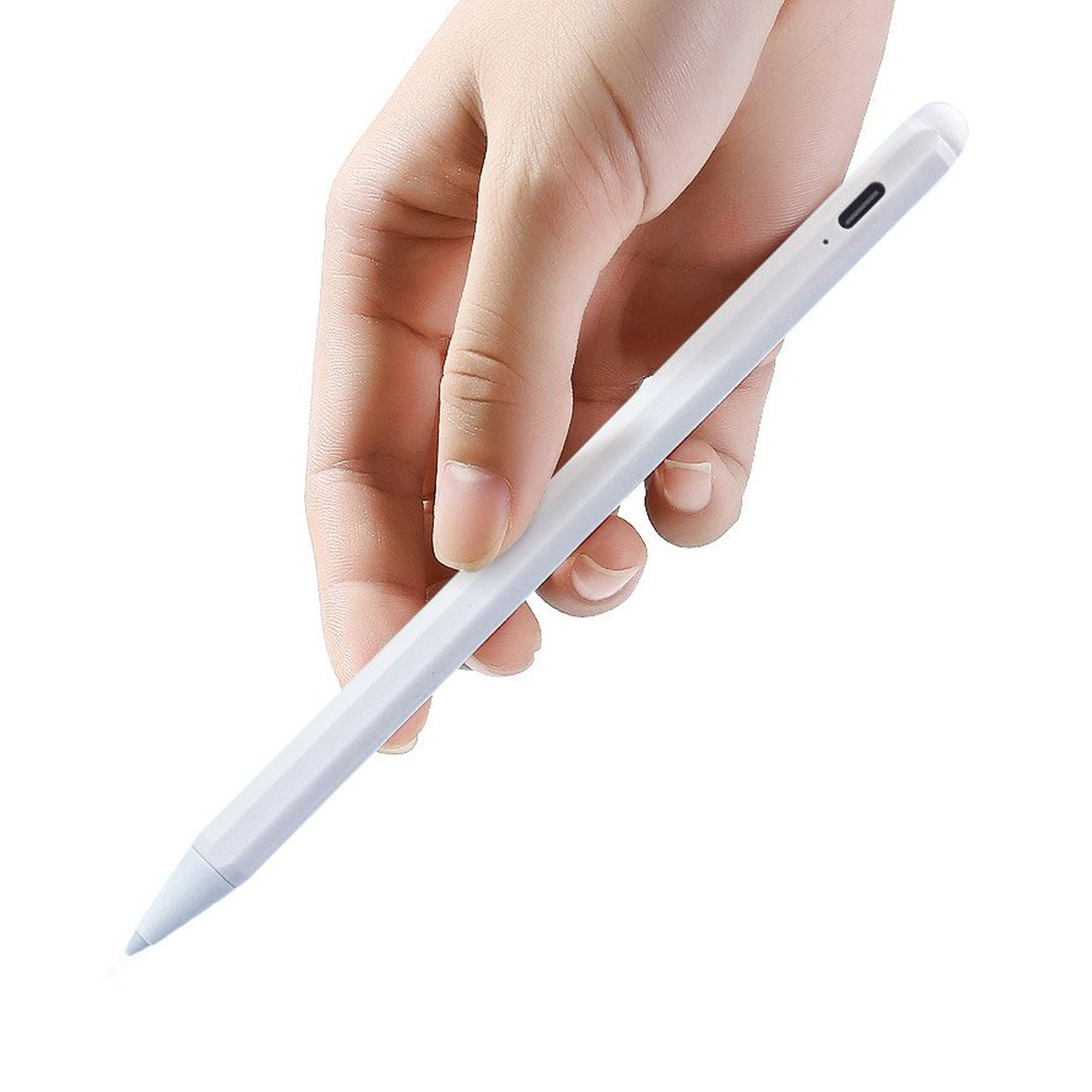 Ein weißer Eingabestift, der von einer Hand gehalten wird. Der Stift ist schlank, mit einer hellgrauen Spitze und einem schwarzen Knopf.
