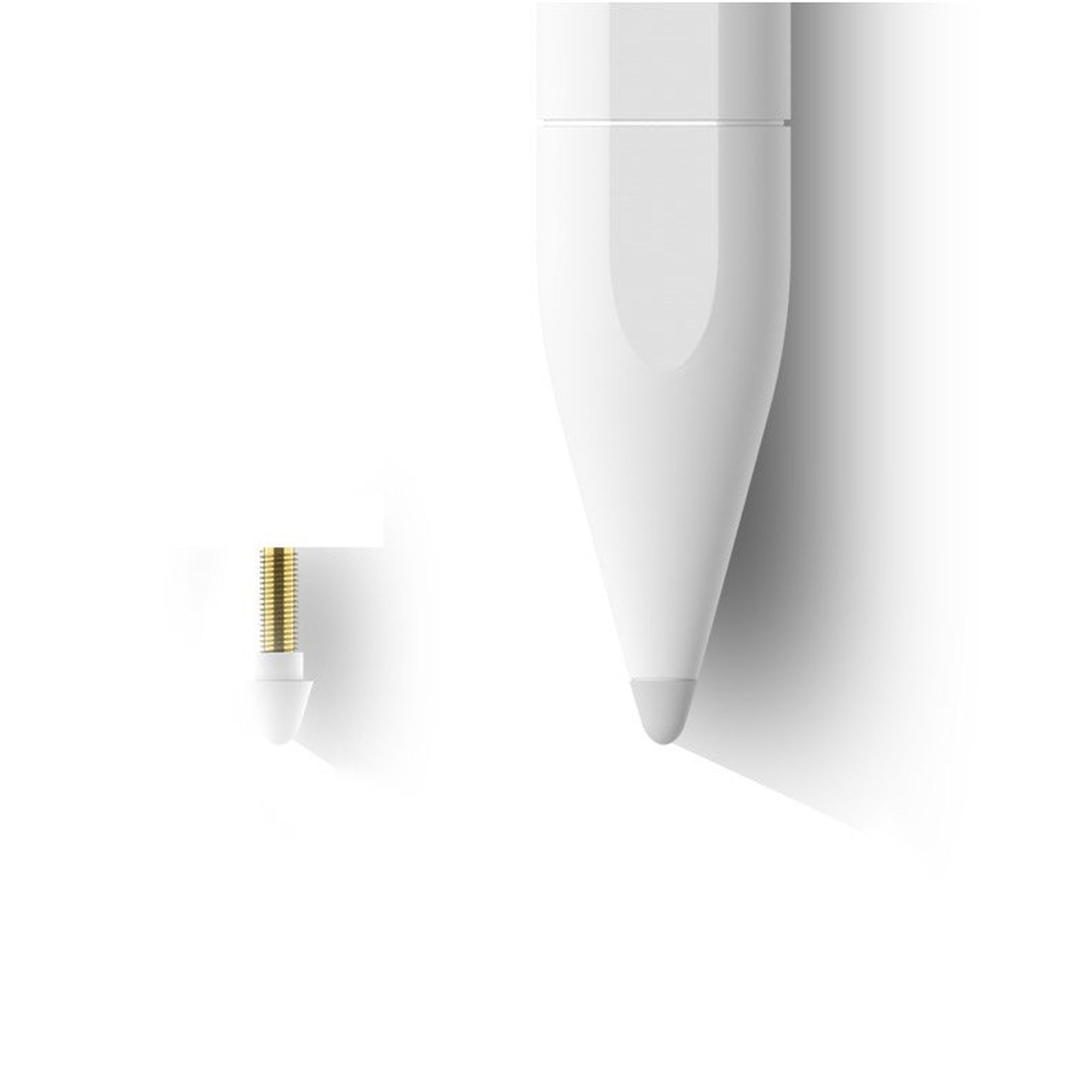 Weißer Apple Pencil mit Ersatzspitze, beide auf weißem Grund mit Schatten.