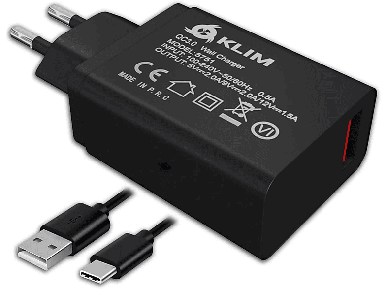 KLIM Fast Charger Schnell Ladegerät mit USB-C Ladekabel Samsung, Huawei, Xiaomi, Blackberry, LG, Sony, OnePlus, Oppo, Google und weitere, Schwarz