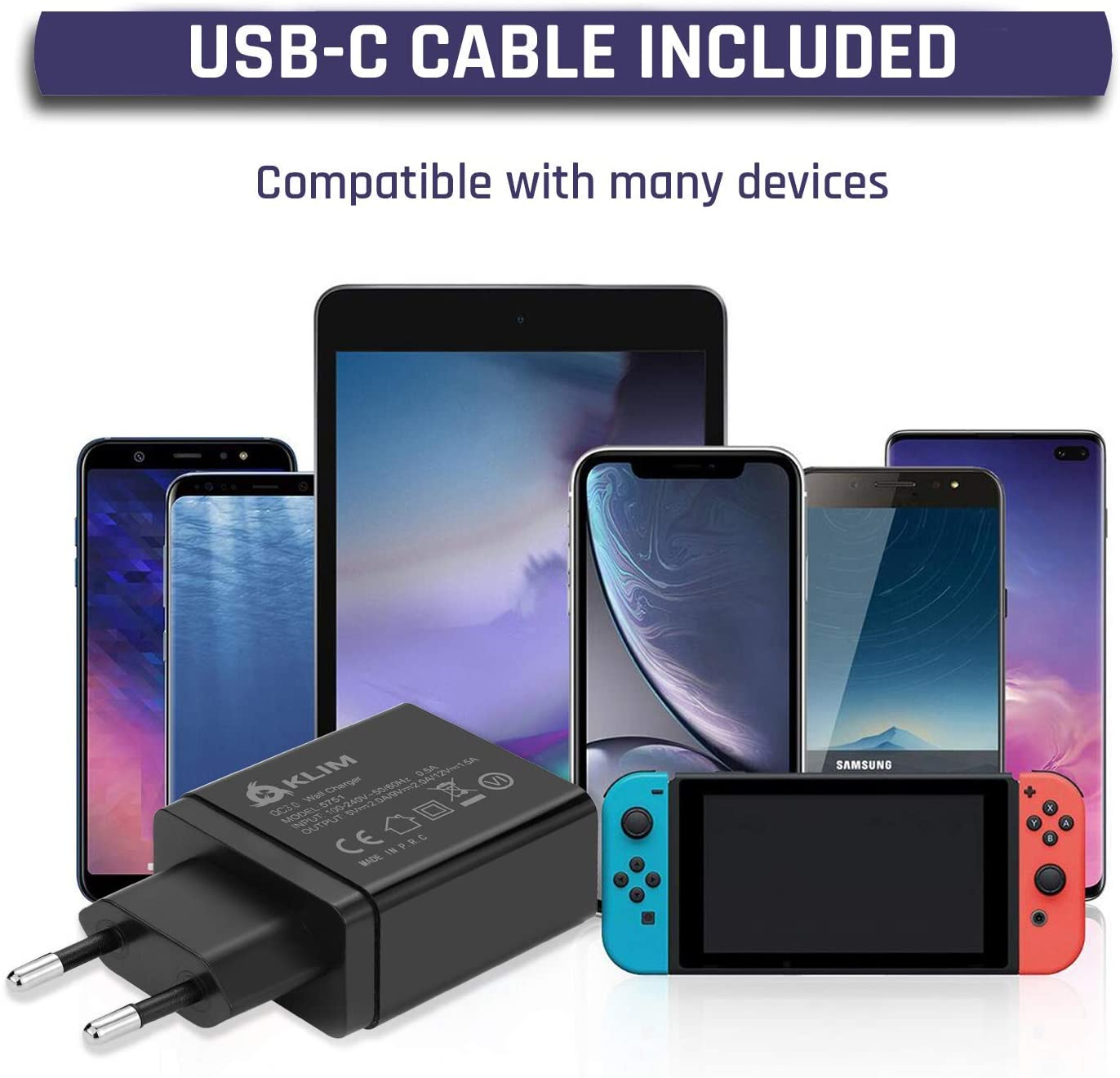 Verschiedene Telefone und ein Switch mit schwarzem Ladegerät, Text: USB-C-Kabel enthalten.