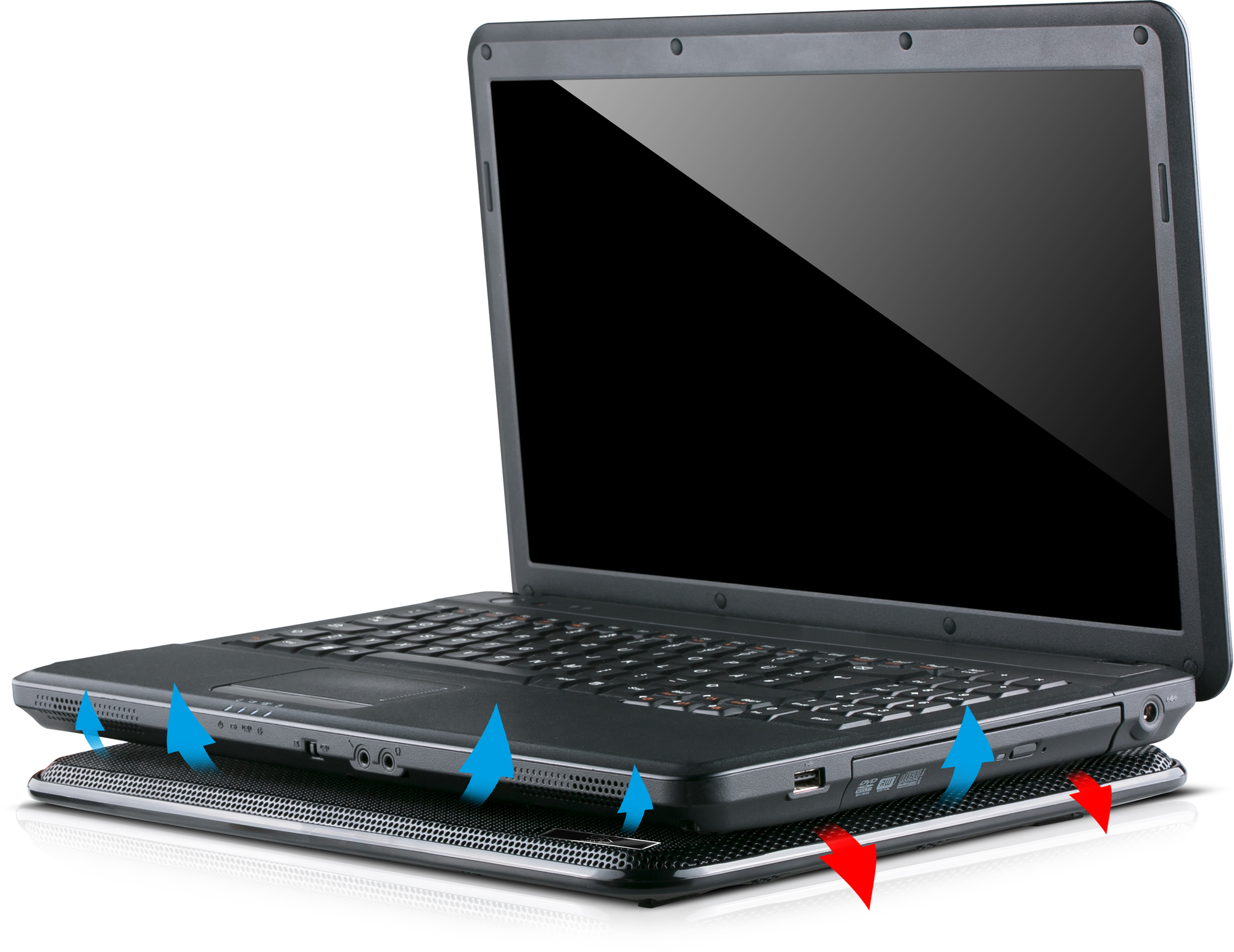 Laptop auf einem Kühlpad. Blaue Pfeile zeigen den Luftstrom. Rote Pfeile zeigen die Wärme ab.