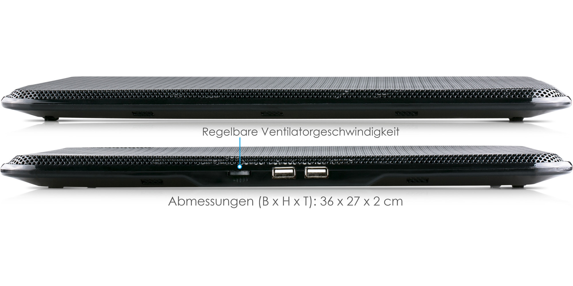Schwarzer Laptop-Kühler mit Mesh-Oberfläche, USB-Anschlüssen und Lüftersteuerung.