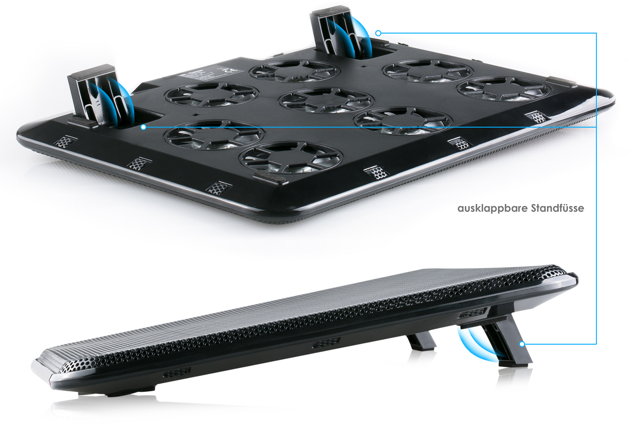 Ein schwarzes Laptop-Kühlpad mit Lüftern. Die Unteransicht zeigt ausklappbare Füße.