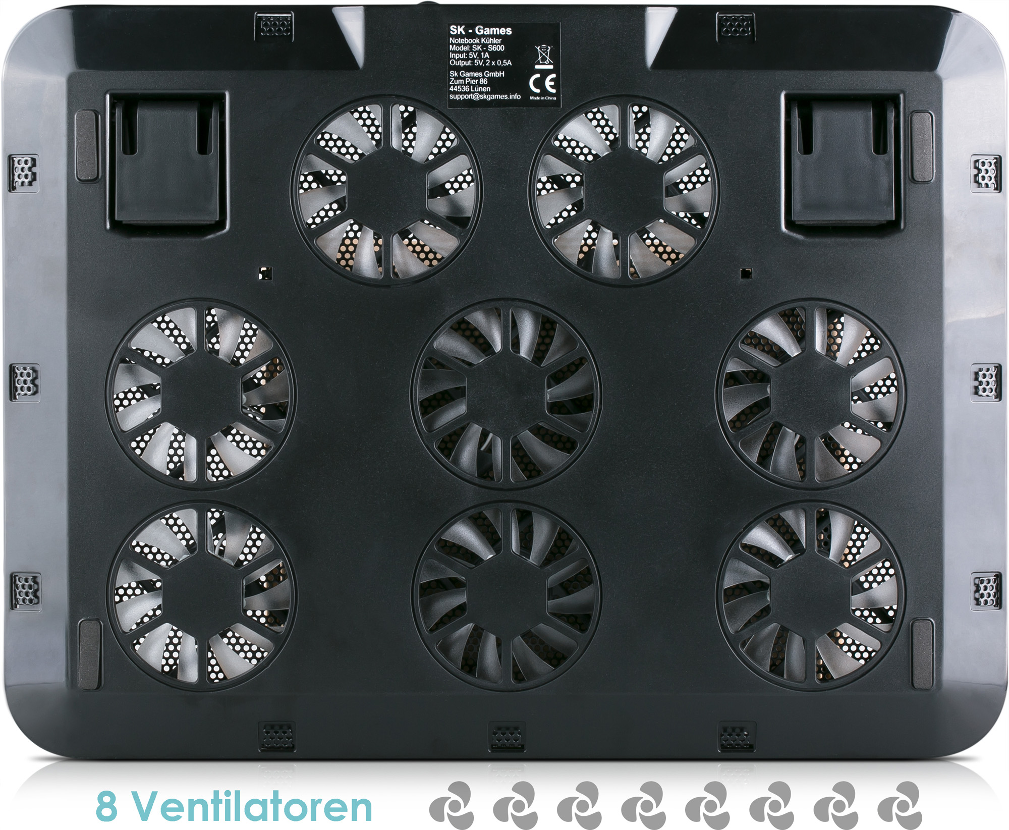 Schwarzer Laptop-Kühler mit 8 Lüftern. Der Text "8 Ventilatoren" steht unten.