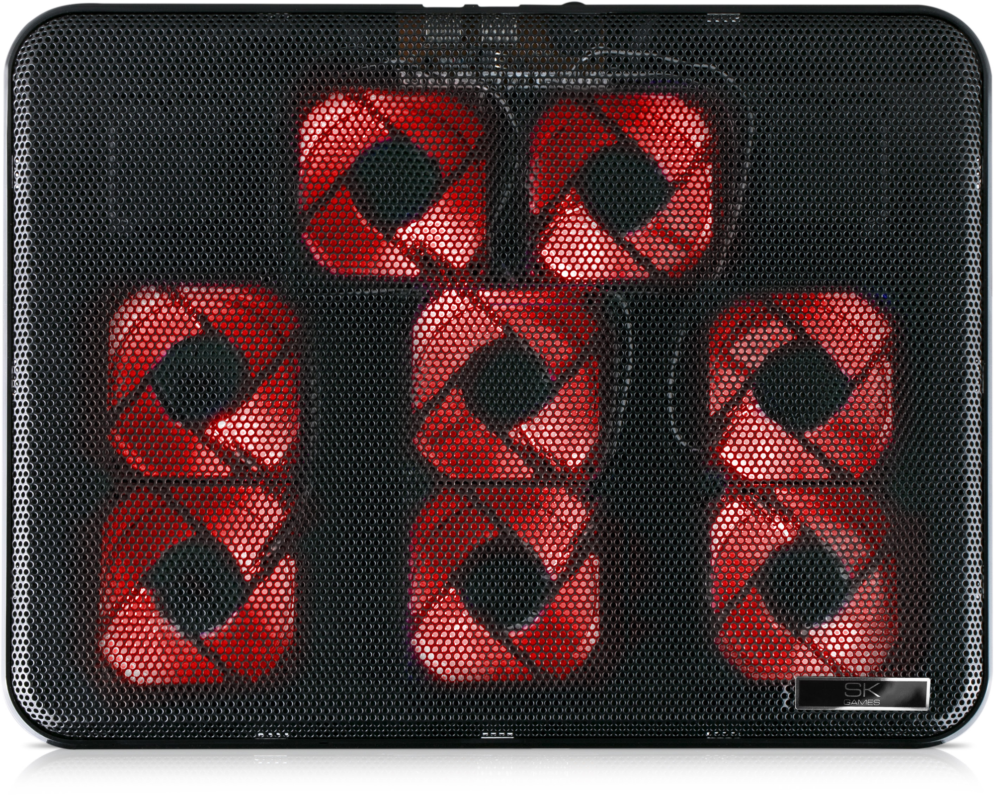 Schwarzes Laptop-Kühlpad mit rot leuchtenden Lüftern. Mesh-Design.