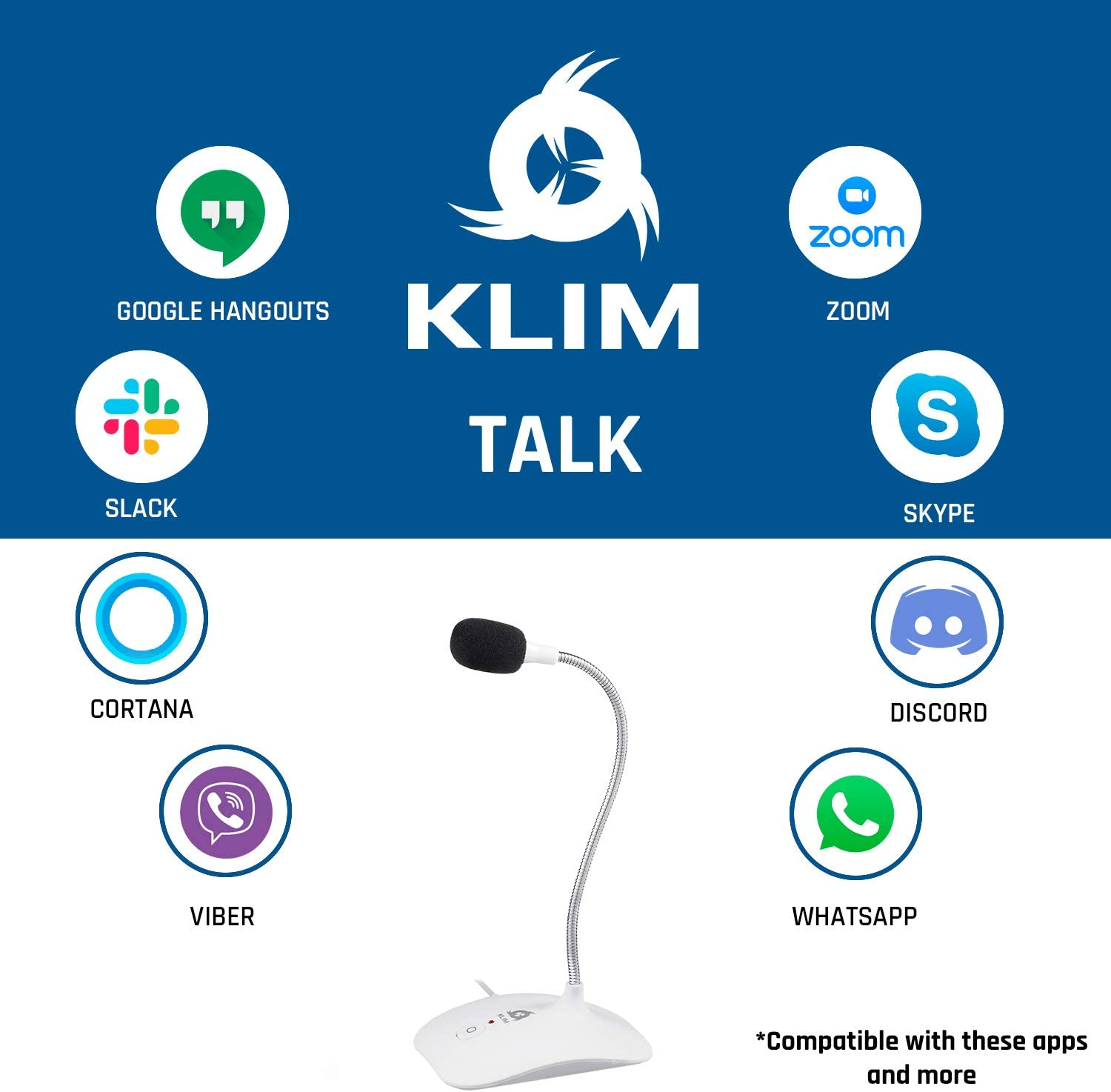 Weißes Mikrofon mit Anwendungslogos wie Google Hangouts, Zoom, Skype und mehr.