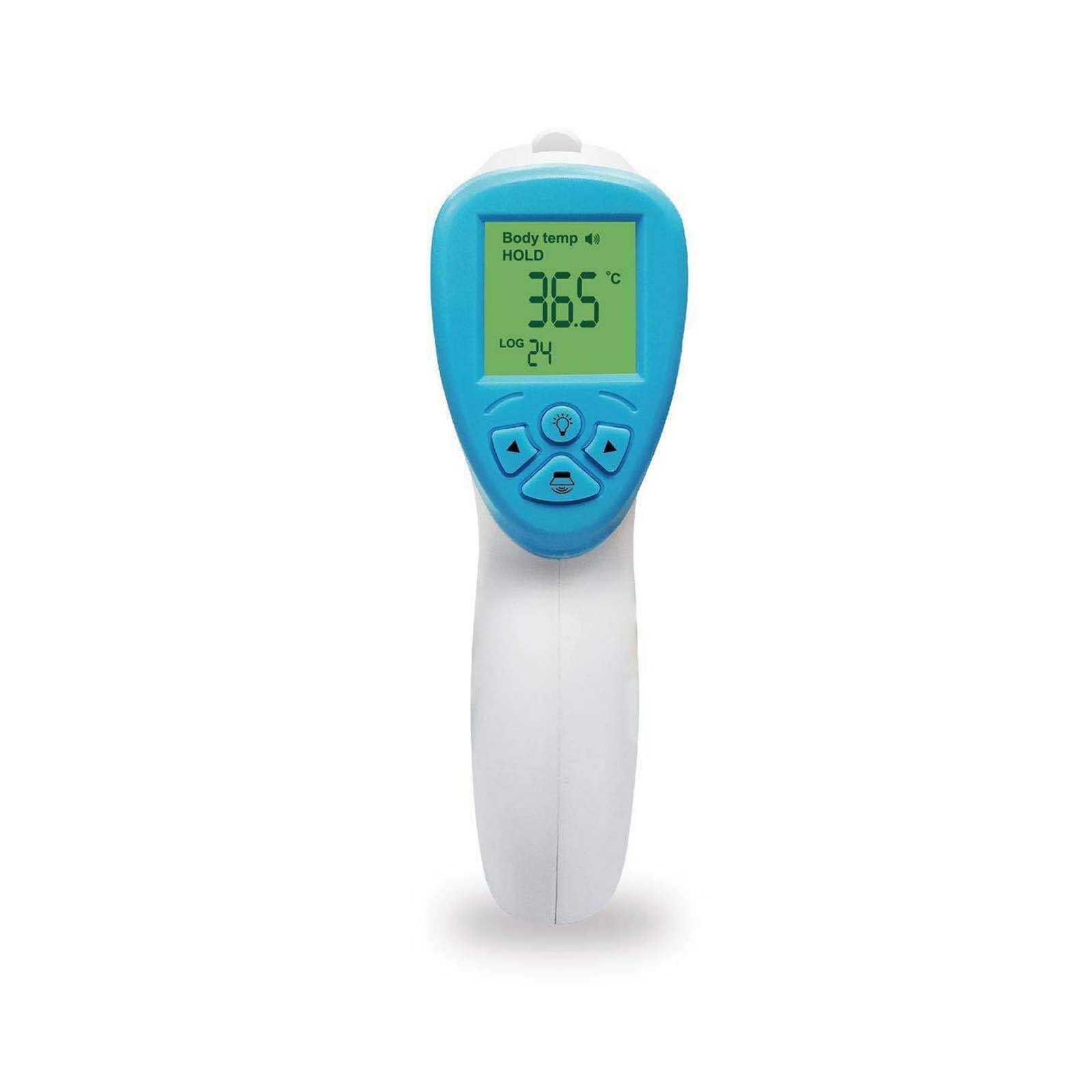 Blaues und weißes Infrarot-Thermometer. Zeigt 36,5 °C an. Knöpfe und Bildschirm sichtbar. Weißer HG.
