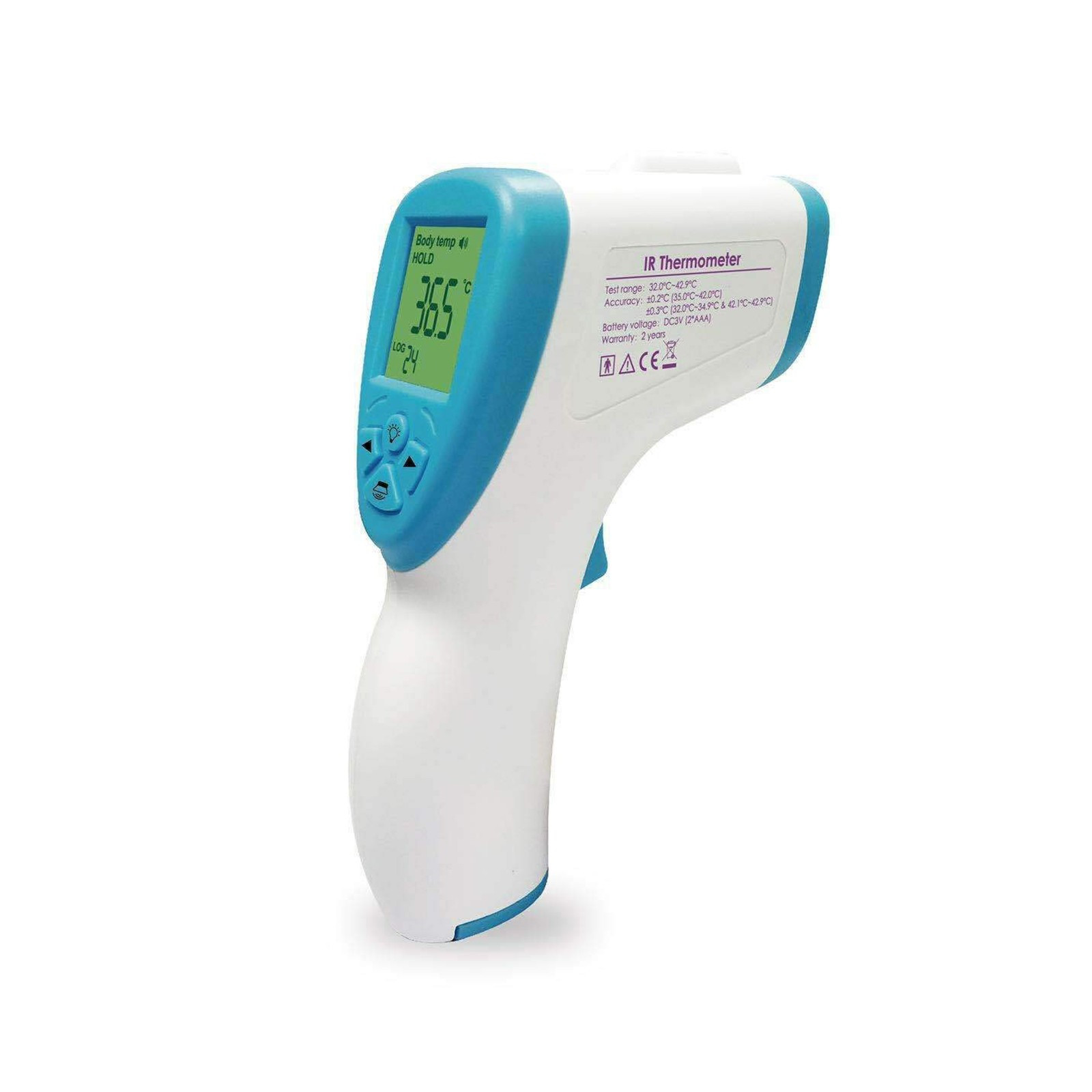 Ein weiß-blaues IR-Thermometer mit Digitalanzeige, die 36,5 Grad anzeigt.