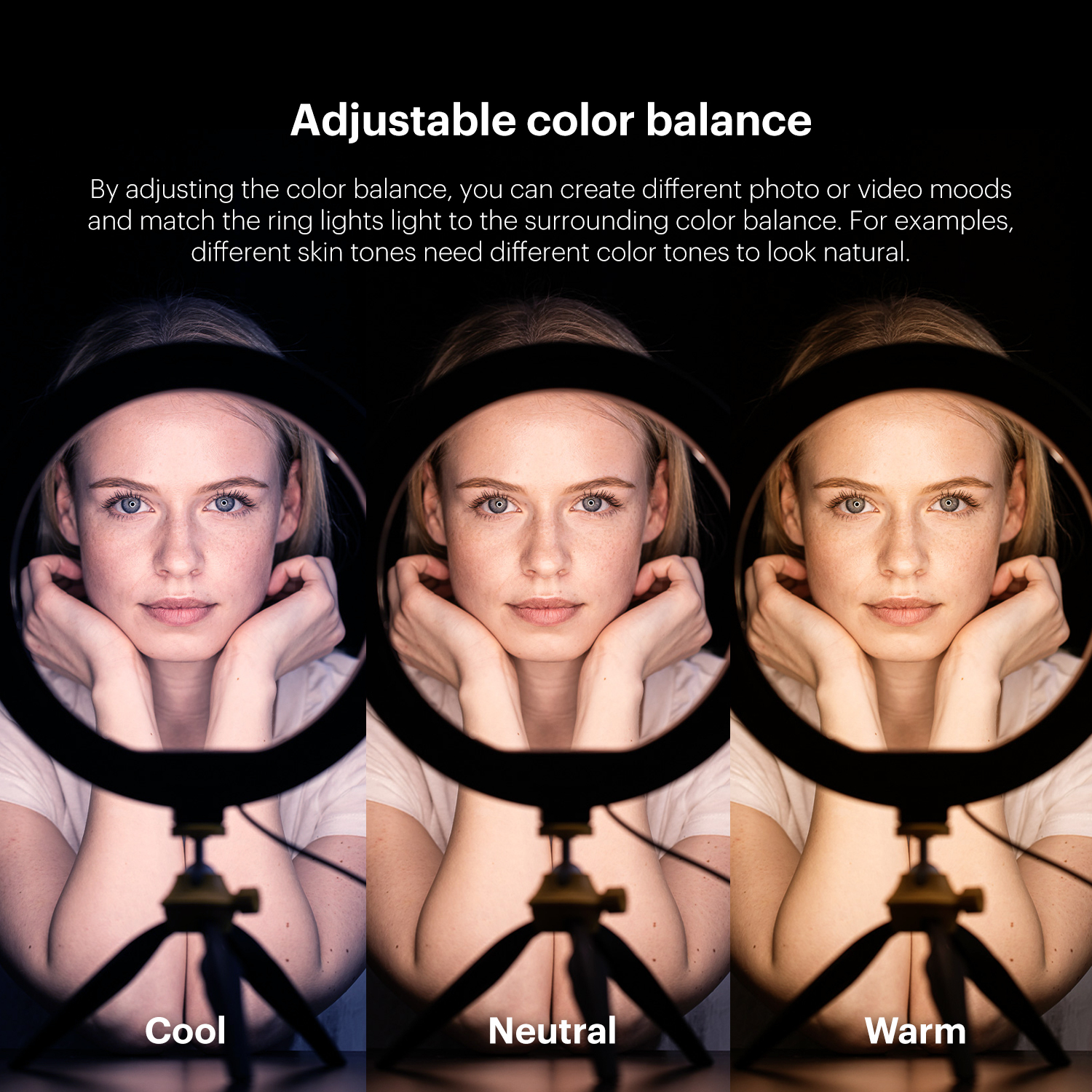 Tre immagini di una donna con diverse temperature di colore della luce ad anello: fredda, neutra e calda.