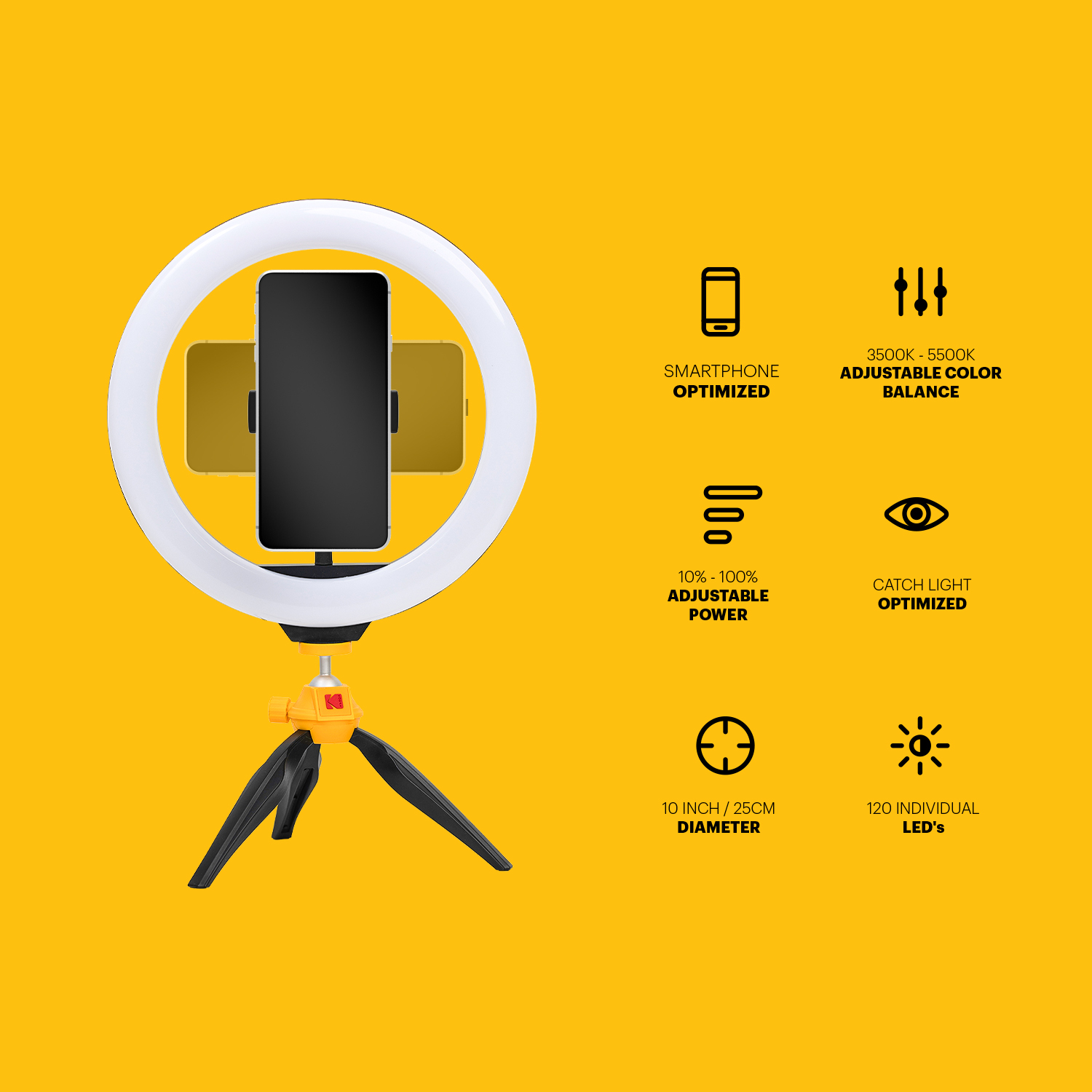 Uno smartphone su un treppiede con una luce ad anello circolare. Vengono visualizzate varie icone ed etichette di testo.
