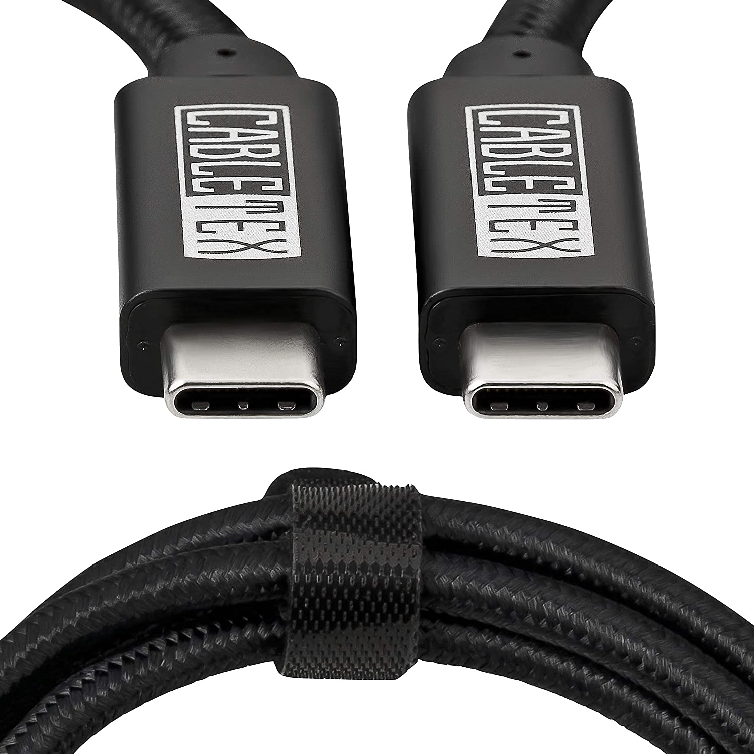 USB-C-Kabel, schwarz, zwei Stecker, weißer Text, Marke Cabletex, schwarzer Hintergrund.
