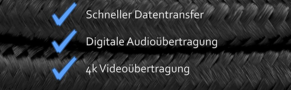 Schwarz geflochtenes Kabel mit Text: Schneller Datentransfer, Digitale Audioübertragung, 4k Videoübertragung.