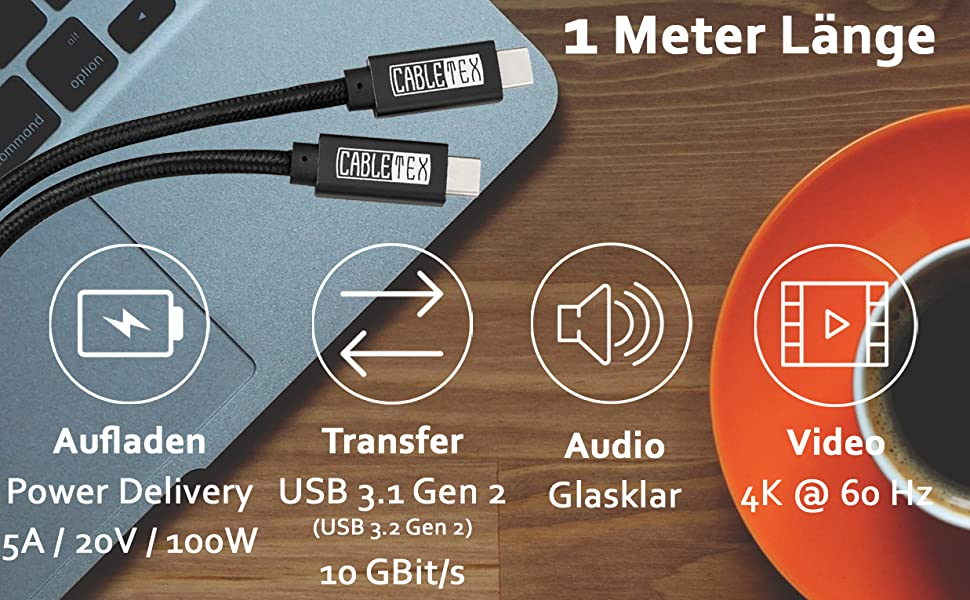 Ein schwarzes USB-C-Kabel auf einem Laptop mit Symbolen für Stromversorgung, Datenübertragung usw.