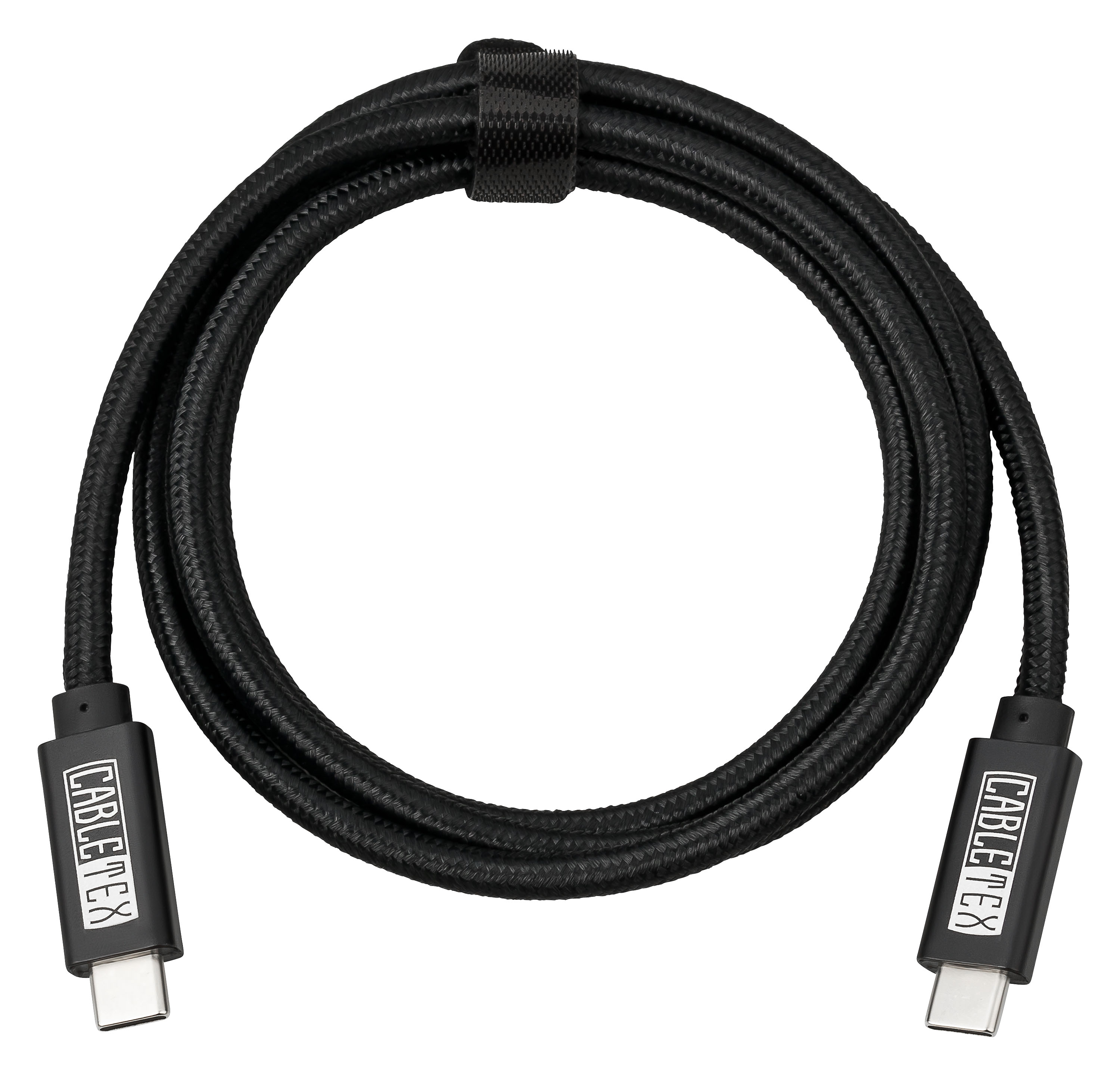 Geflochtenes schwarzes USB-C-Kabel mit schwarzen Anschlüssen. Weißer Hintergrund.