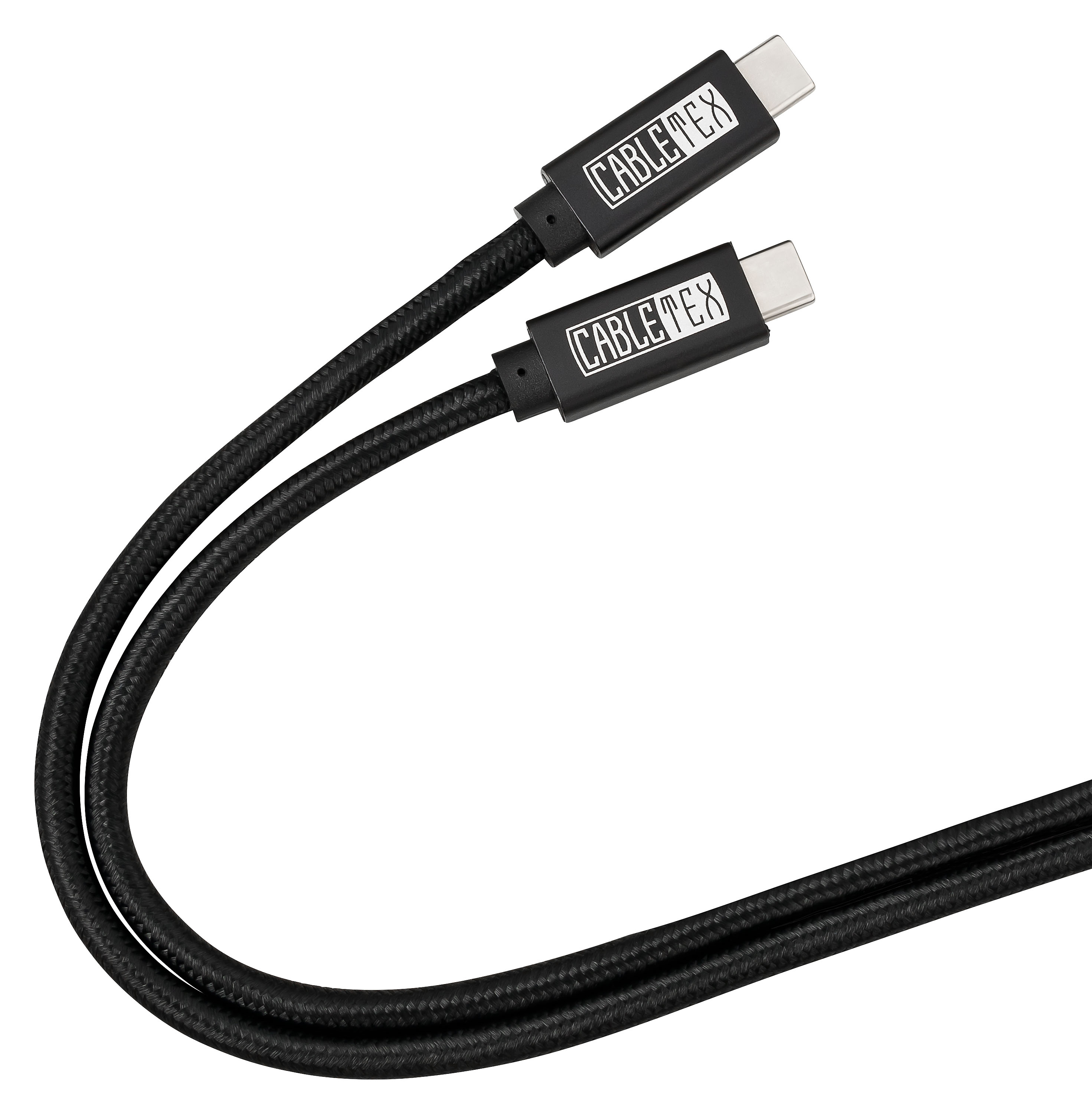 Zwei schwarze geflochtene USB-C-Kabel mit Cabletex-Logo.