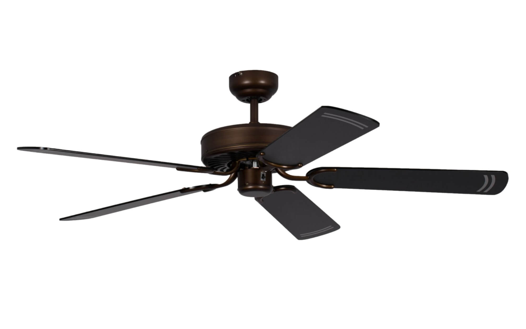 Deckenventilator mit fünf Flügeln, braunem Motor und Flügeln, vor weißem Hintergrund. Die Flügel sind schwarz.