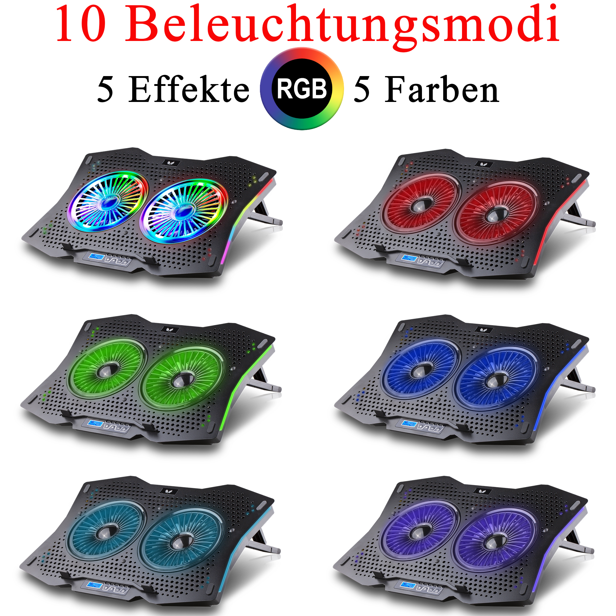 Laptop-Kühler mit mehrfarbigen LED-Leuchten. Text: 10 Beleuchtungsmodi, 5 Effekte, RGB, 5 Farben.